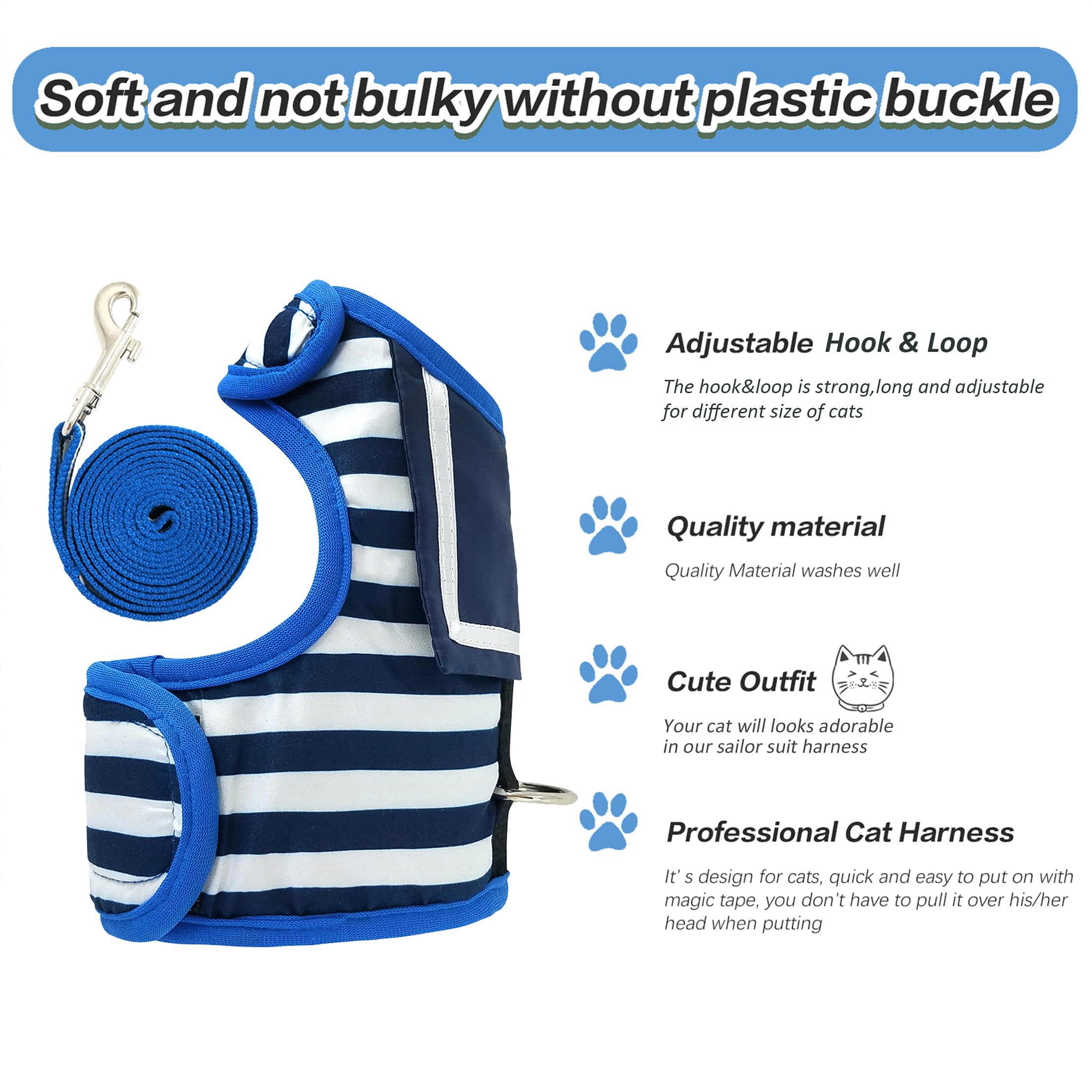 Harnais anti-fugue pour chat avec laisse, veste de promenade réglable, gilet rembourré pour chat, bleu marine, taille M