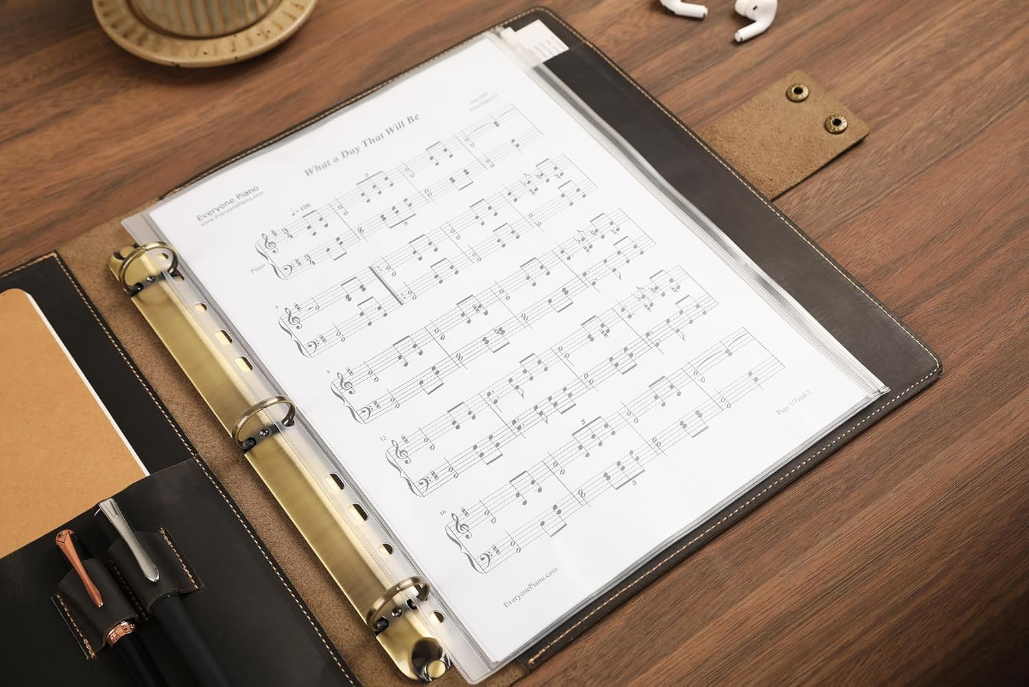 Handmade Leather Music Folder, Sheet Music Binder Personalized Music Holder, Leather Binder 3-Ring for 8.5x11 Music Sheet with Clear Sheet Protectors, Grey