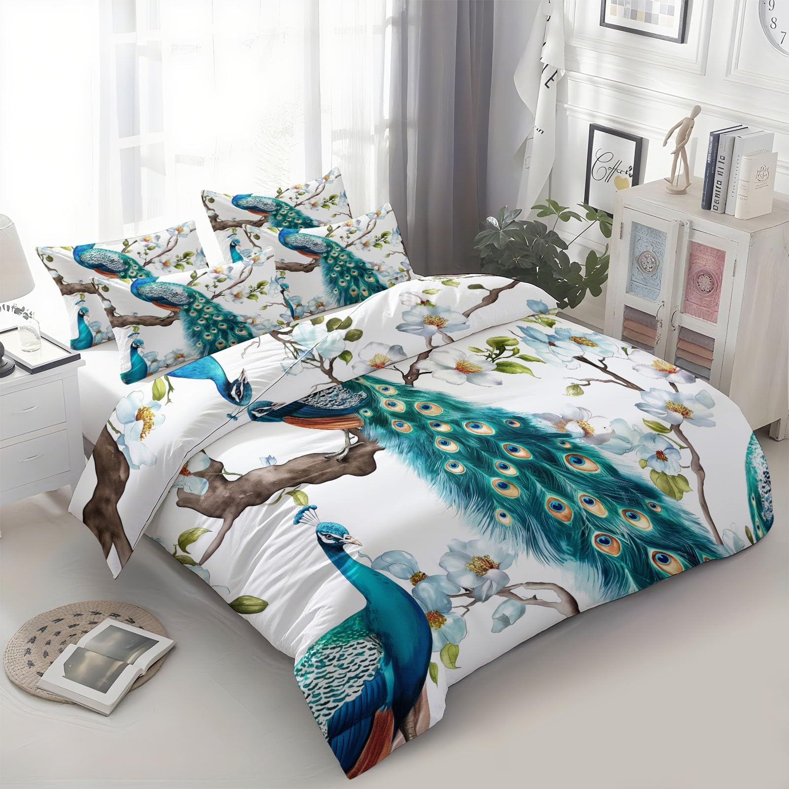 Housse de couette 160x200 cm paons magnolias avec parure de lit 3 pièces en microfibre blanche