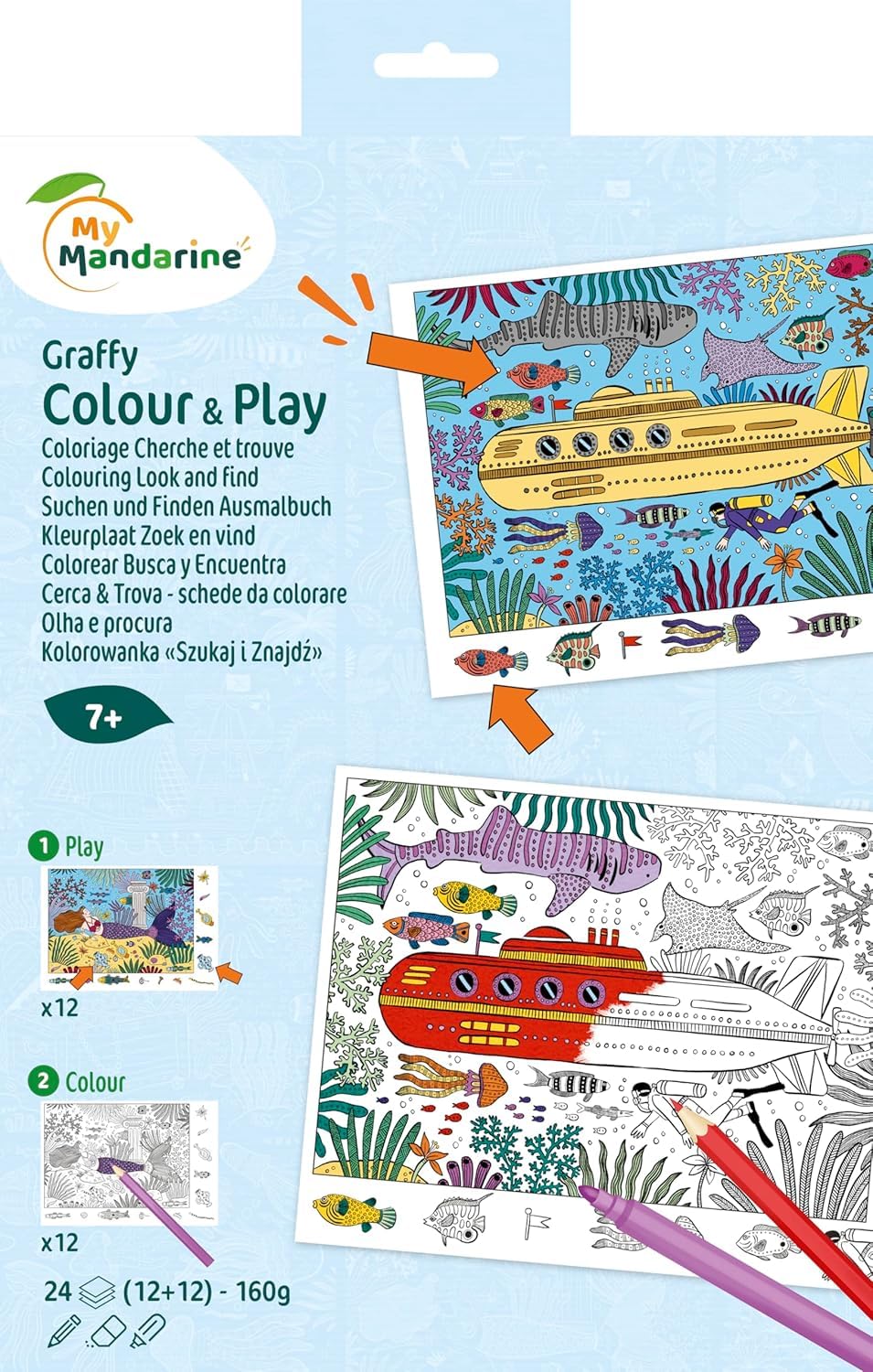MY MANDARINE GY166C - A Graffy Colour & Play Notebook with 24 Drawings (12 Colour Sheets & 12 Colouring Pages) 160g - from Age 7 - Hunt and Seek - SEA