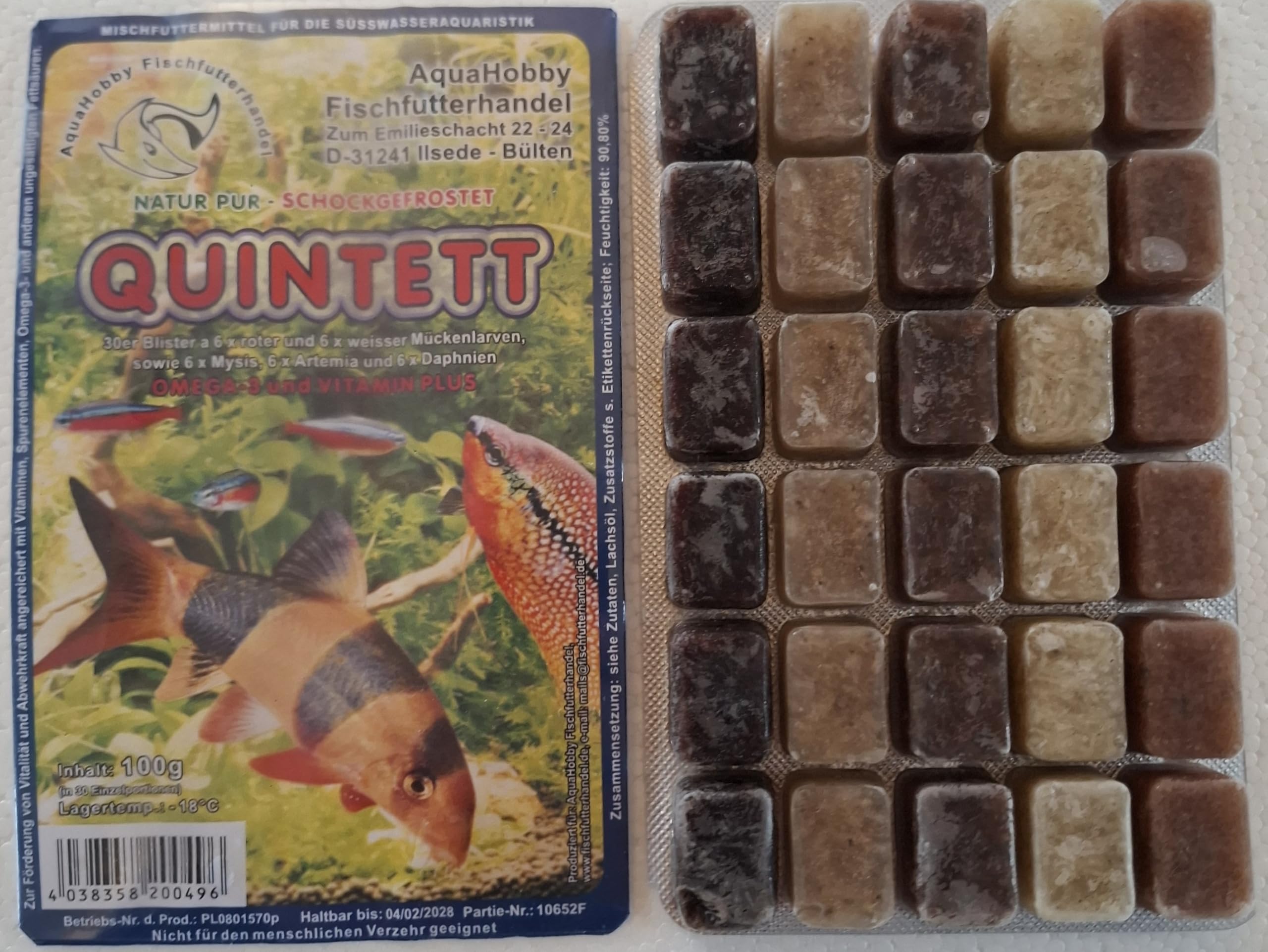 Frostfutter Quintett Tropical 100 g – Futtermix für Tropische Zierfische mit roten & weißen Mückenlarven, Artemia, Daphnien und Mysis – tiefgekühltes Zierfischfutter Blister (40x100Gr)