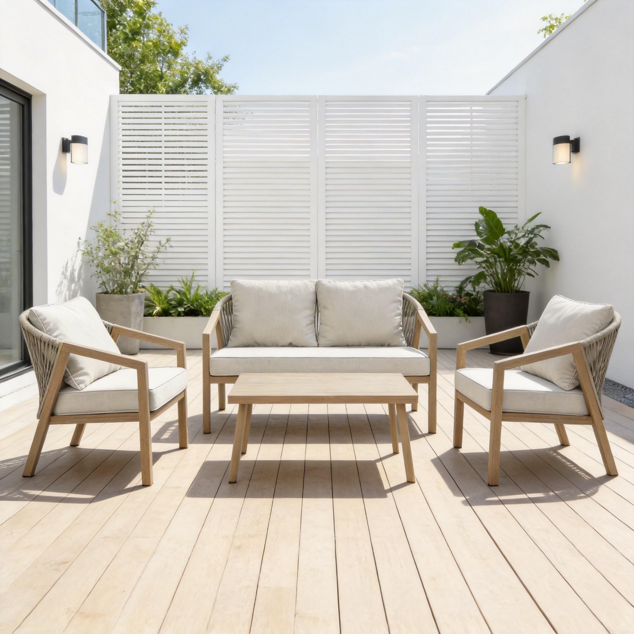 Koll Living Lounge-Set Amber | Outdoor Sitzgruppe mit Gartensofa, Gartensesseln & Tisch | Stahlgestellt in Holzoptik | Wetterfest & UV-beständig | Mix & Match Gartenlounge Beige/Braun