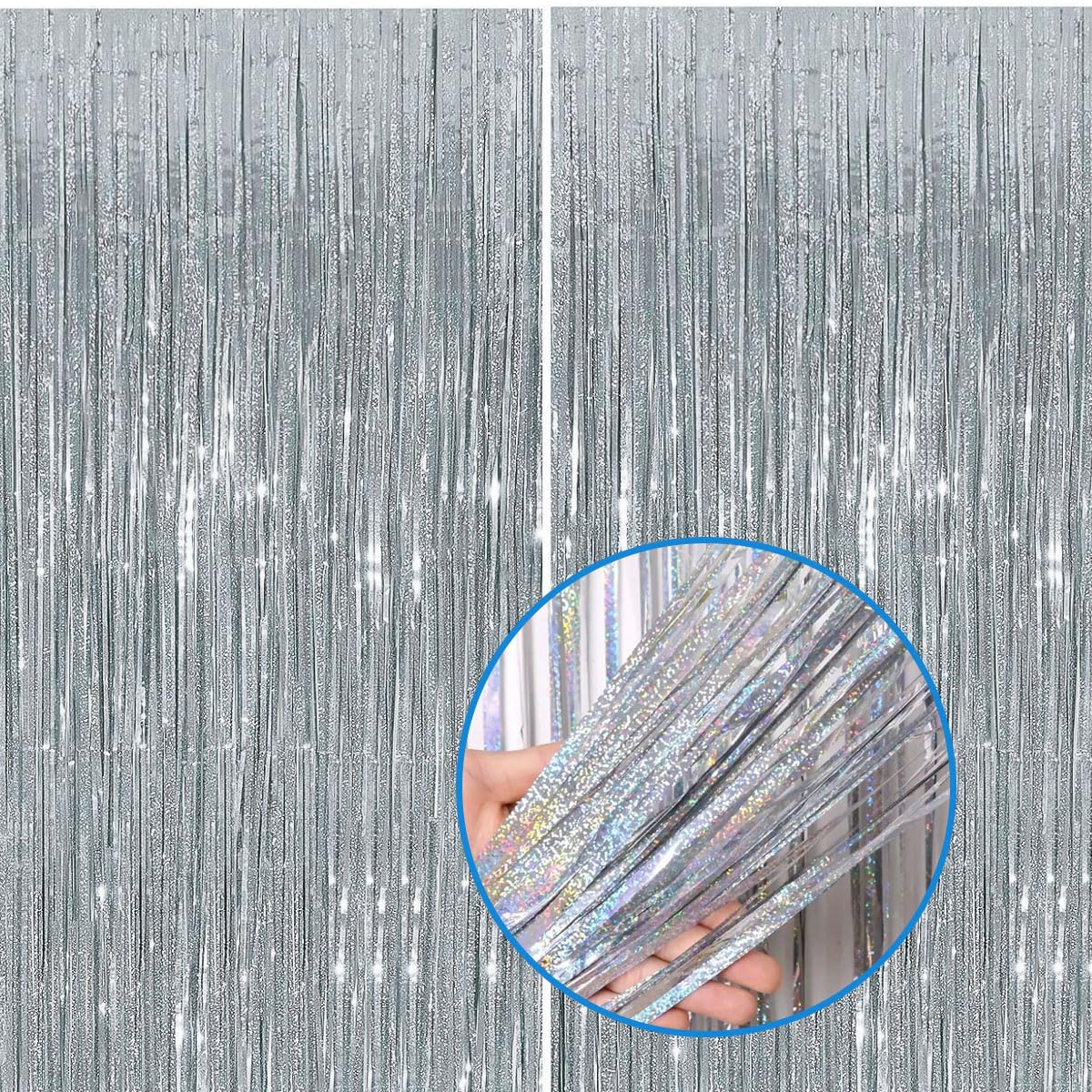 Jonami Tende Metalliche Argento a Brillantini, Orpelli e Festoni Lamina Frangia per Sfondo Fotografico 2 Pz