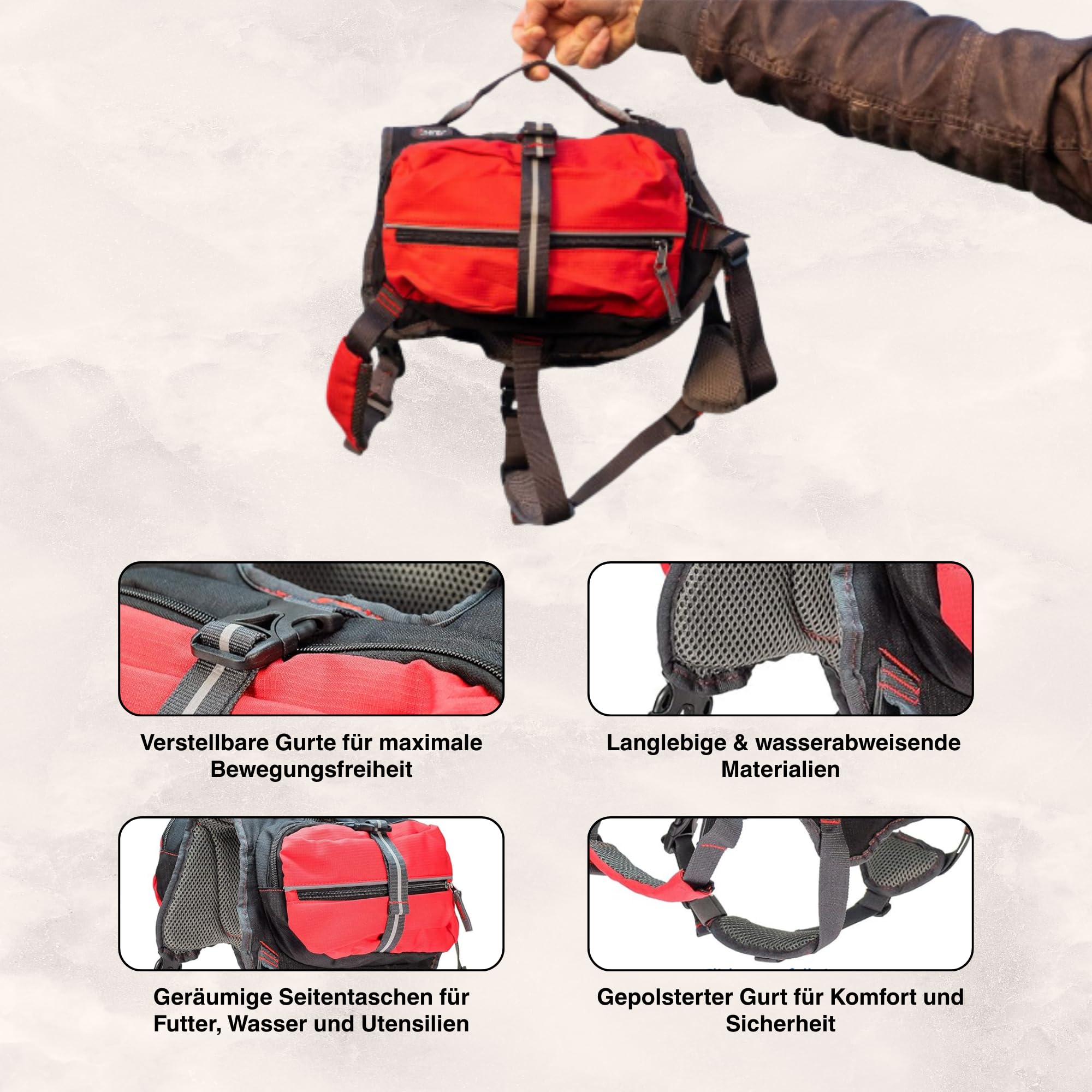 iEnergy Zaino per cani MAL - Zaino per cani - Zaino resistente alle intemperie per cani - Zaino da trekking ben imbottito, Rosso, Piccolo