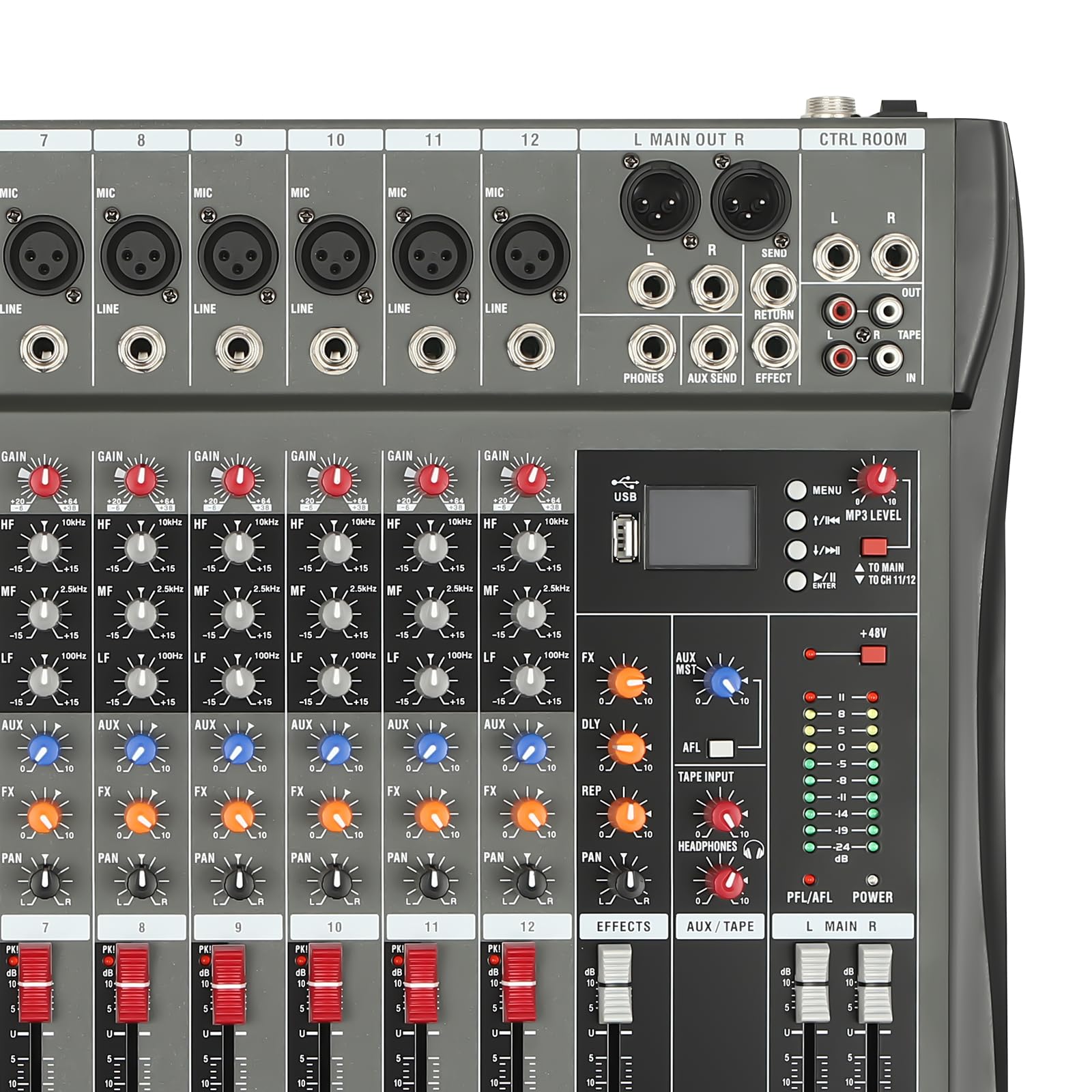 Console mixer audio USB professionale a 12 canali con connessione Bluetooth, alimentazione phantom 48V e equalizzatore a tre bande per musica ed eventi