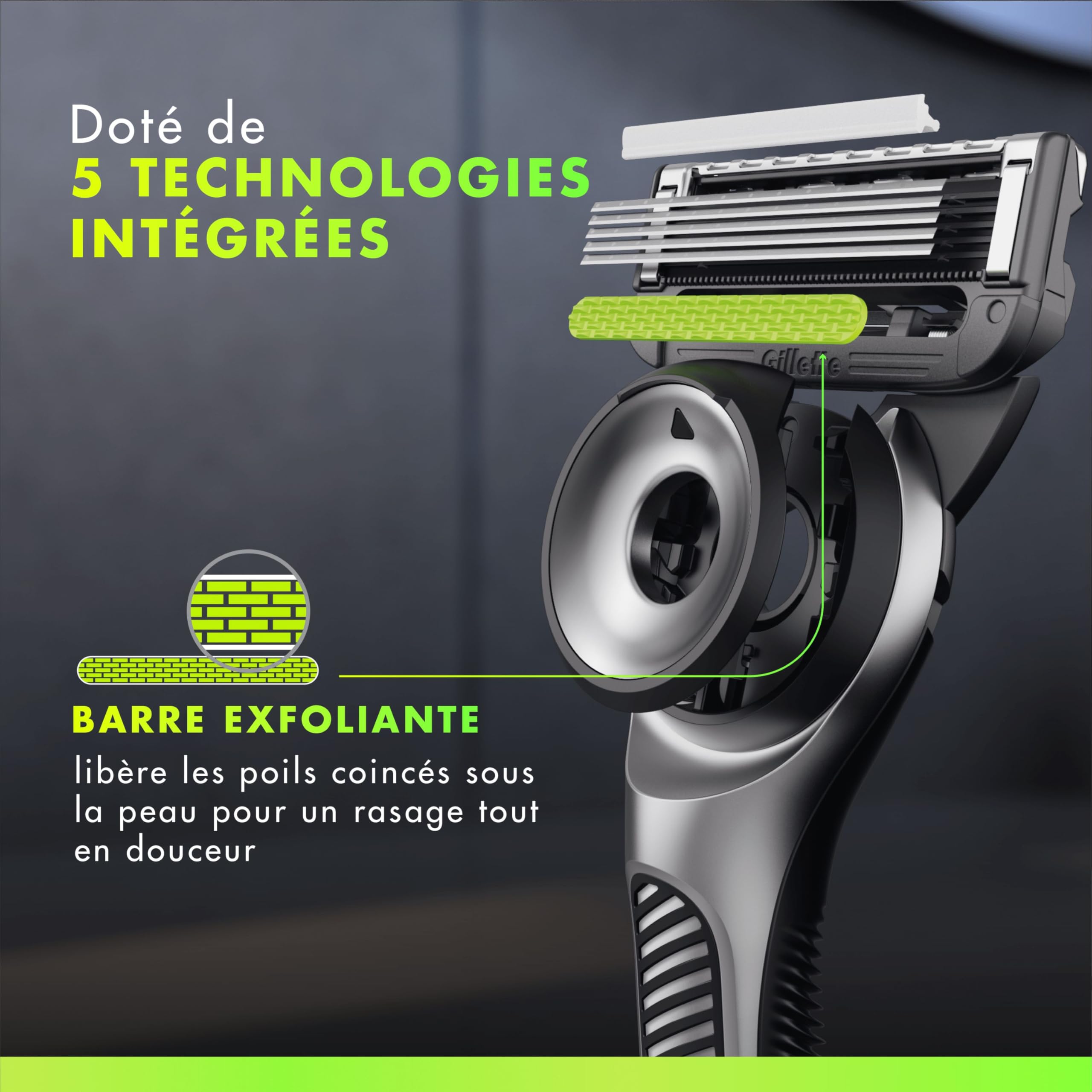 Gillette Labs Rasoir Homme, avec 5 Recharges, Argent – Manche Réutilisable en Métal, Cartouche de Rechange à Lames Affutées, Rasage Efficace avec la Technologie FlexDisc 2D