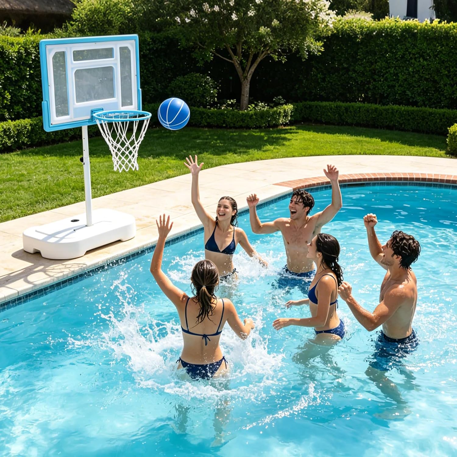 Pool Basketball Hoop Outdoor, Stainless Steel Poolside Basketball Goal with 32'' Shatterproof Backboard & 2.95-3.94 ft Adjustable Height, Outdoor Water Basketball Game Set with 2 Balls & Pump Included