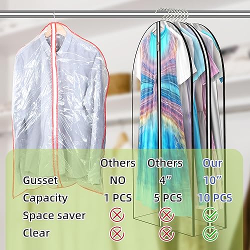 Miniatura 3 de Bolsas de ropa transparentes con fuelle de 12 pulgadas para colgar ropa, bolsas de traje de 60 pulgadas para almacenamiento de abrigos, vestidos y