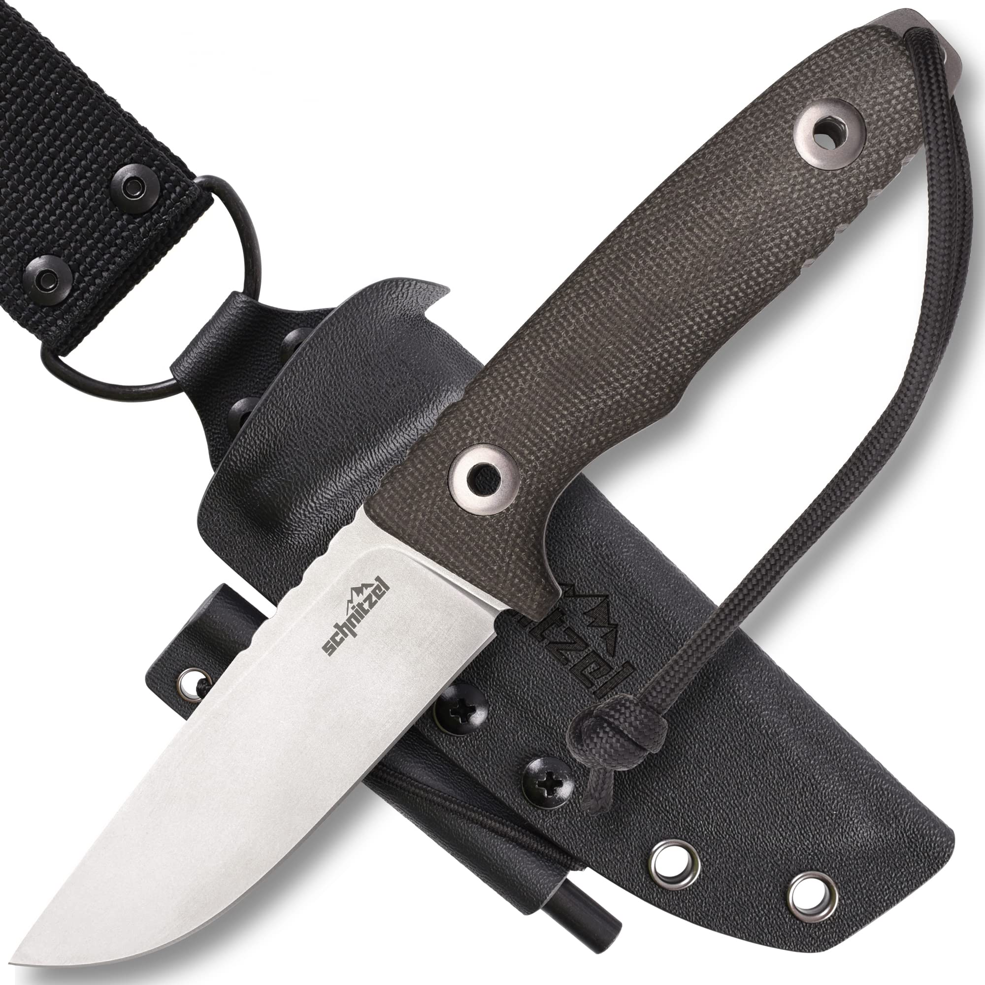 SCHNITZEL TRI Outdoormesser - Special Edition - Sonderedition, Full-Tang | Feststehendes Messer mit ca. 10,4 cm langer Klinge aus CPM 3V Stahl, Micarta Griff, Kydex Scheide mit Dangler-Tragesystem