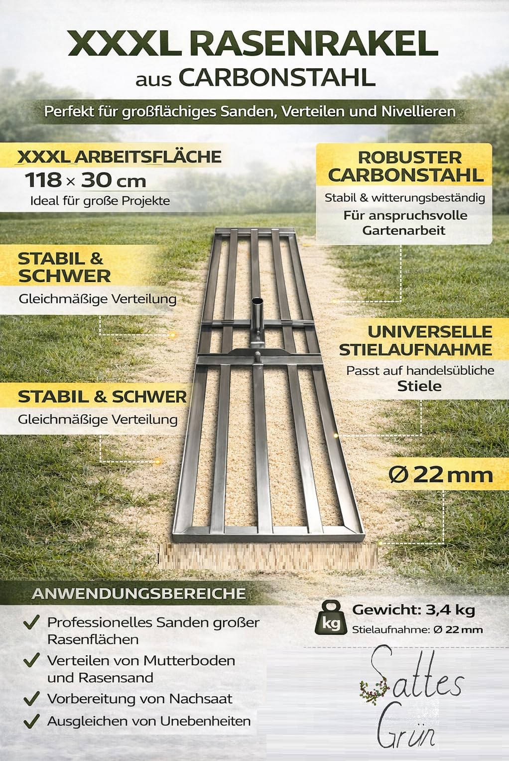 Triple XL Rasenrakel 118 x 30 cm aus Carbonstahl – Profi Leveling Rake ohne Stiel – Flächenebner für große Rasenflächen – 3,4 kg – Ø 22 mm Stielaufnahme
