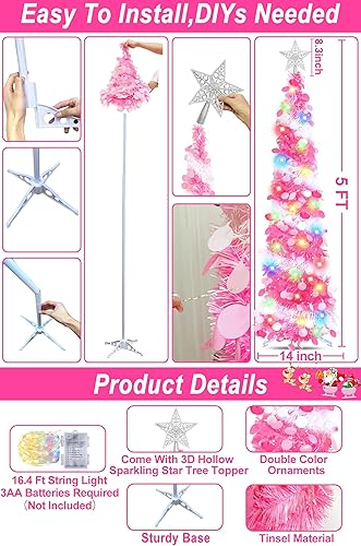 Miniatura 2 de TURNMEON Árbol de Navidad preiluminado de 5 pies con temporizador, 50 luces cálidas, estrella de oropel delgado con purpurina, decoración de árbol