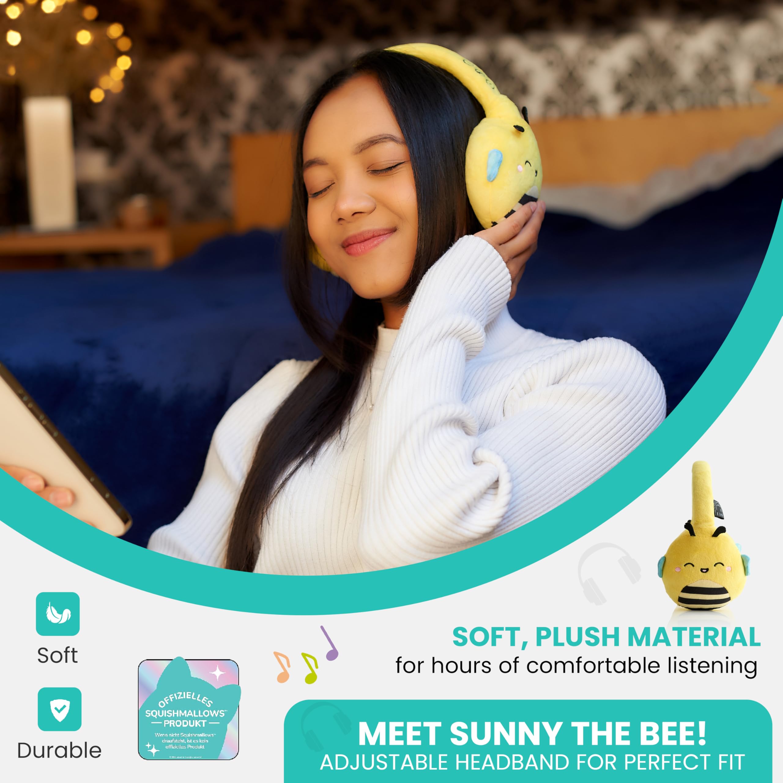 Squishmallows Sunny The Bee - Auriculares Bluetooth de felpa con micrófono integrado para hacer y recibir llamadas. Rango Bluetooth de 10 metros, control de volumen, almohadillas de felpa suave con