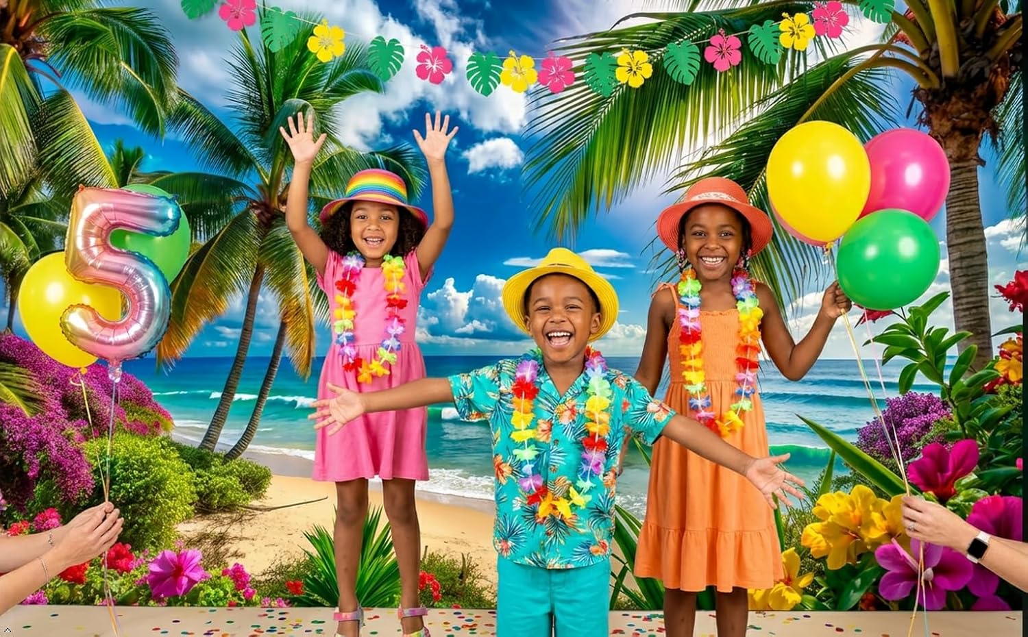 8x6ft Summer sea Backdrop Tropical Beach Plants Photo Backdrop Hawaiian Ocean Blue Sky Background for Theme Party Supplies Studio Props