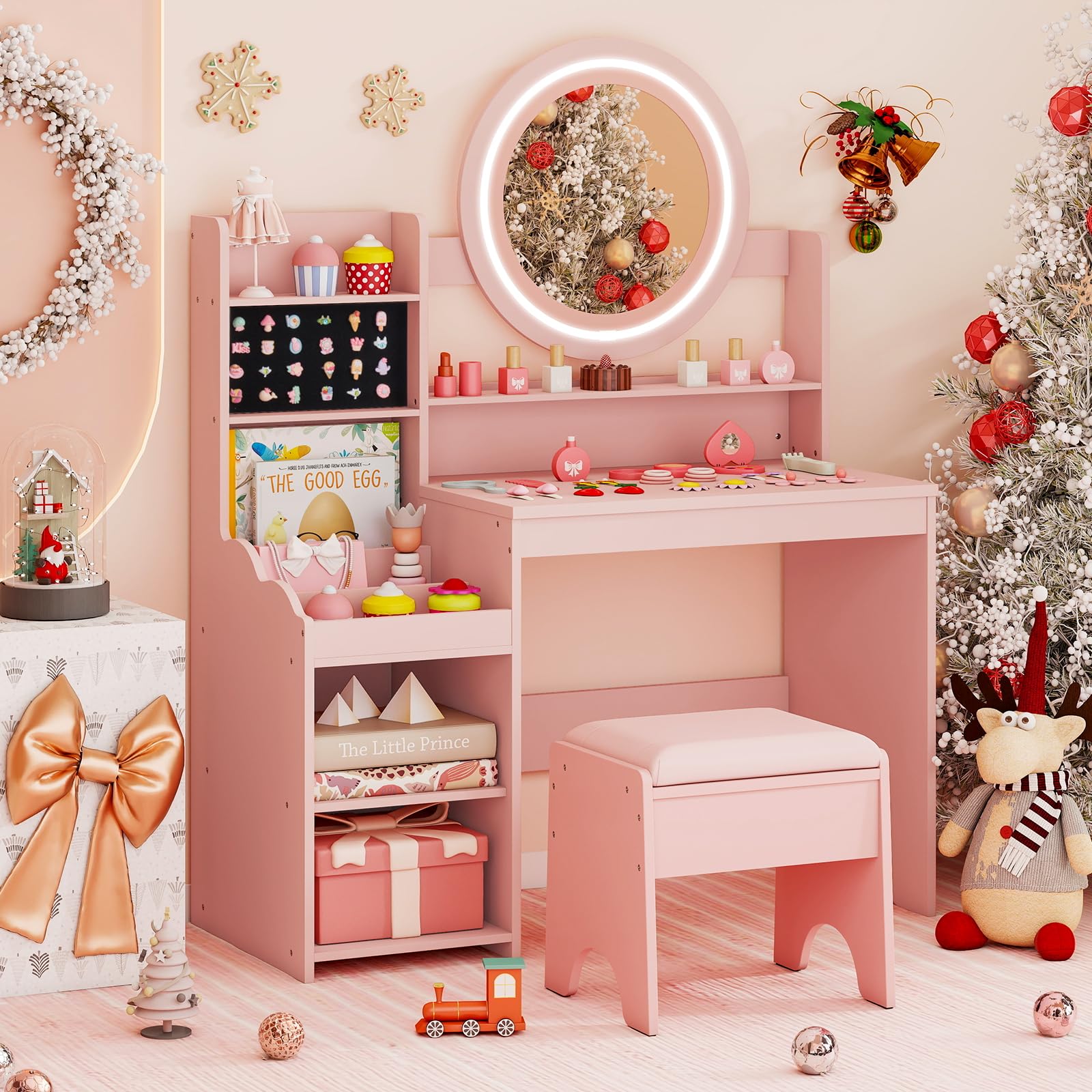 COSTWAY Kinder Schminktisch mit Beleuchtung, Kinderschminktisch mit Spiegel, Regalen & gepolstertem Hocker, Prinzessin Frisiertisch aus Holz, Schminkkommode für Mädchen ab 3 Jahren (Rosa)