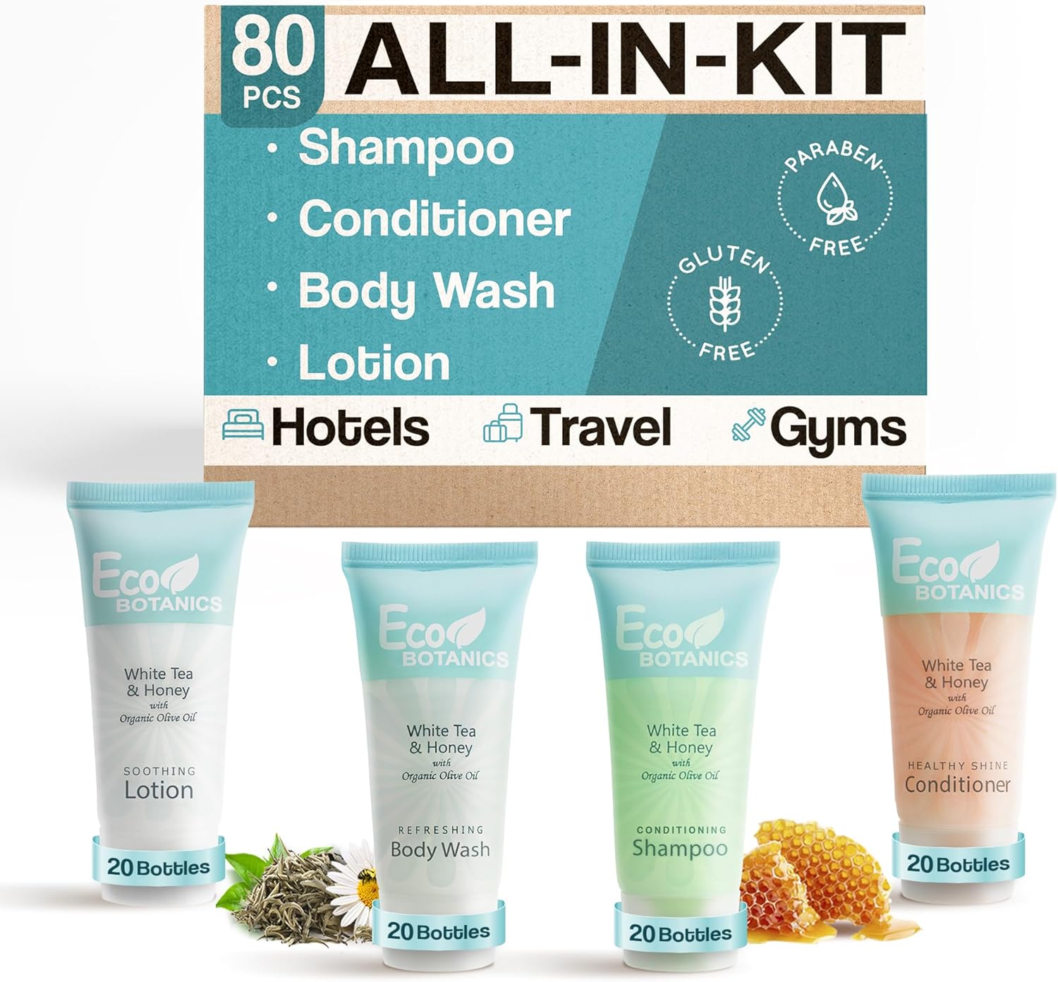 Terra Pure Eco Botanics 0.85 oz. Toiletries Set | 1-Shoppe All-In-Kit Amenities For Hotels, Airbnb & Rentals | Hotel Shampoo & Conditioner, Body Wash, Body Lotion | 80 Piece Travel Set