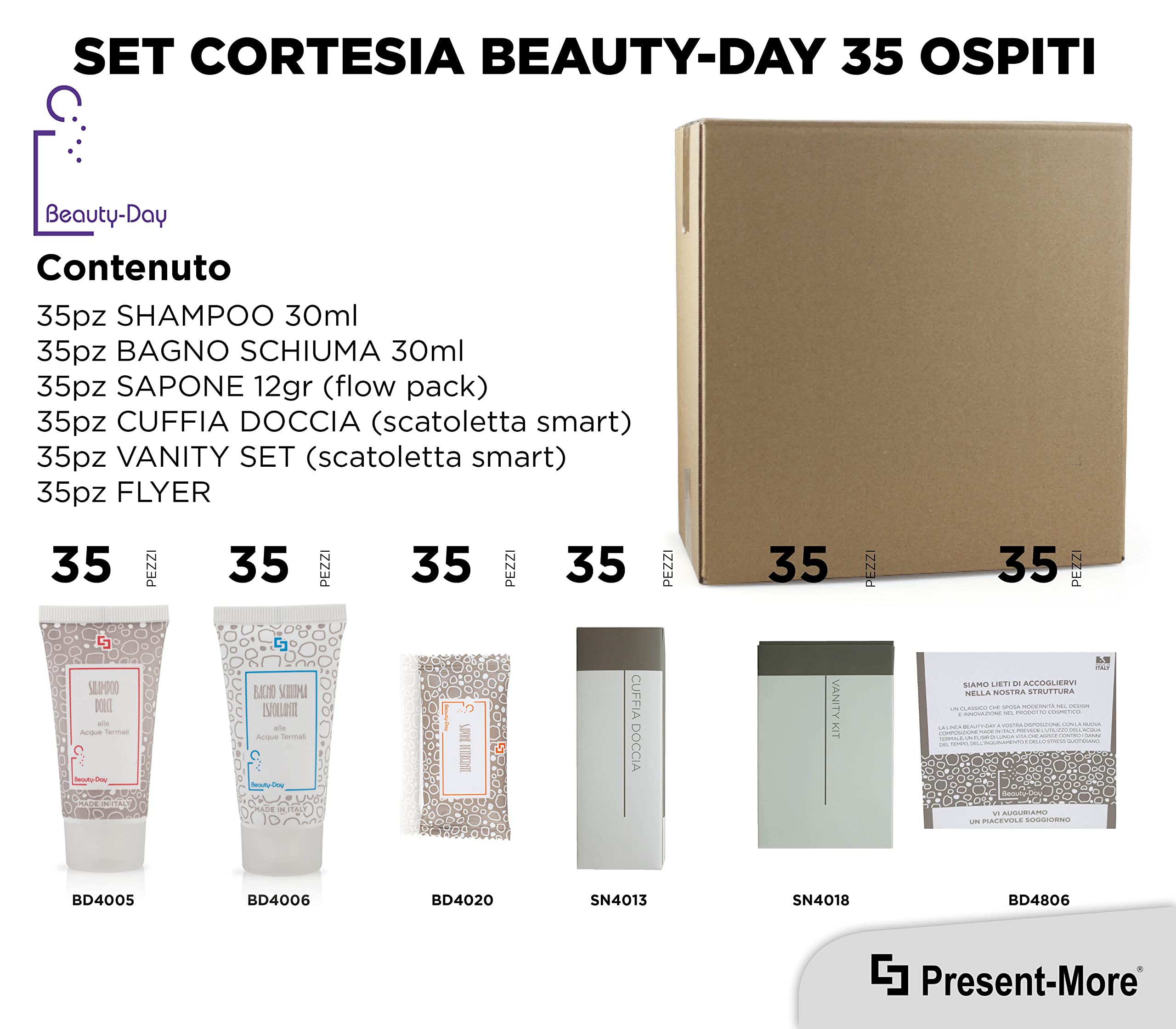 PRESENT-MORE - Set Cortesia 35 Ospiti Beauty-Day Italy | Fragranza Ylang Ylang - Shampoo, Gel Doccia, Sapone, Cuffia e Vanity - Made in Italy - Per Hotel e B&B