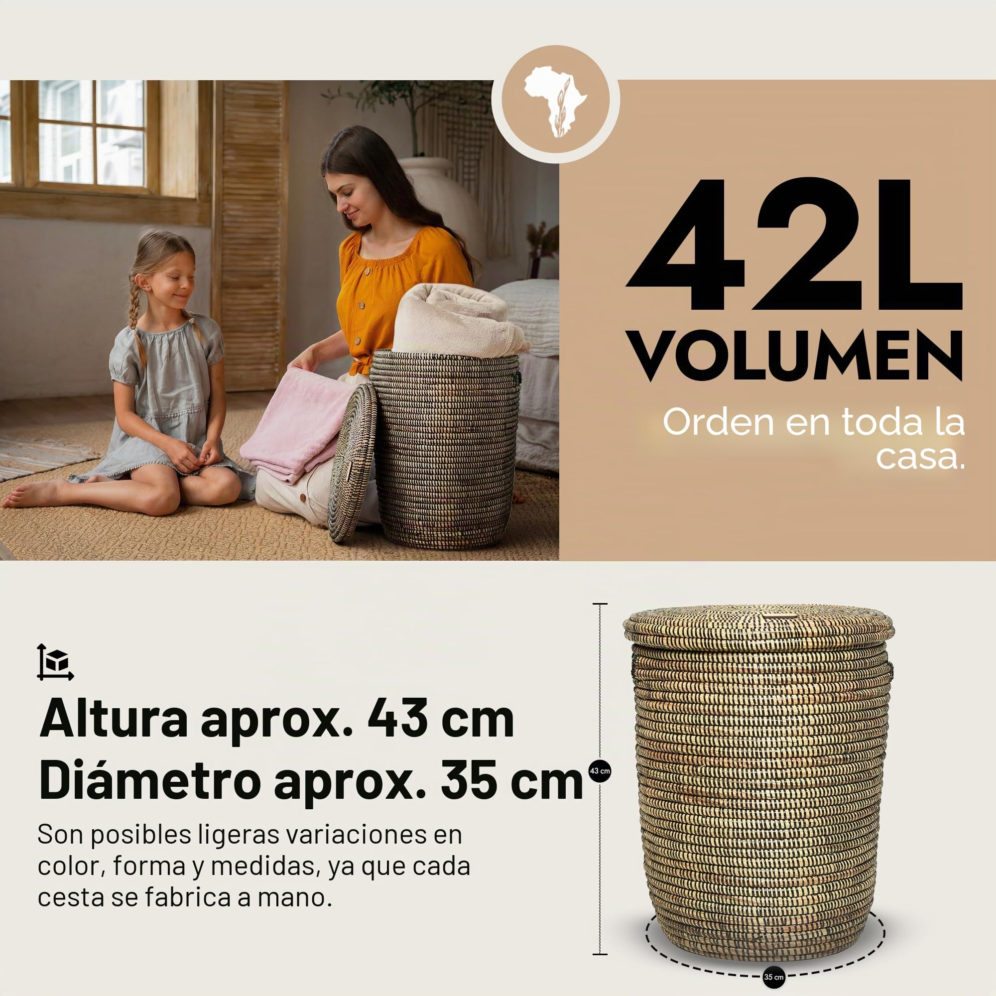 YAADU Cesto para la Colada XL Con Tapa, 50 L - Cesta Africana Trenzada para Almacenamiento de Juguetes y Mantas, Con Asa (Negro)