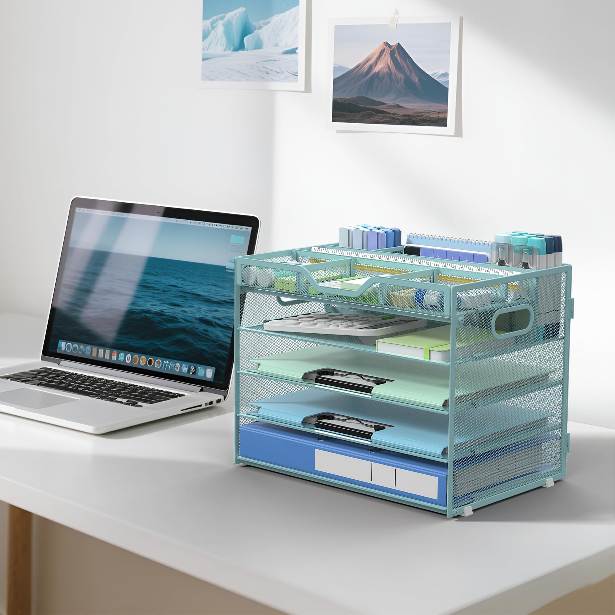 Docnest Organizer da scrivania a 5 ripiani in rete, vassoio per lettere con scomparti regolabili, portapenne e manici integrati, vassoio organizer da scrivania per posta, documenti, forniture per
