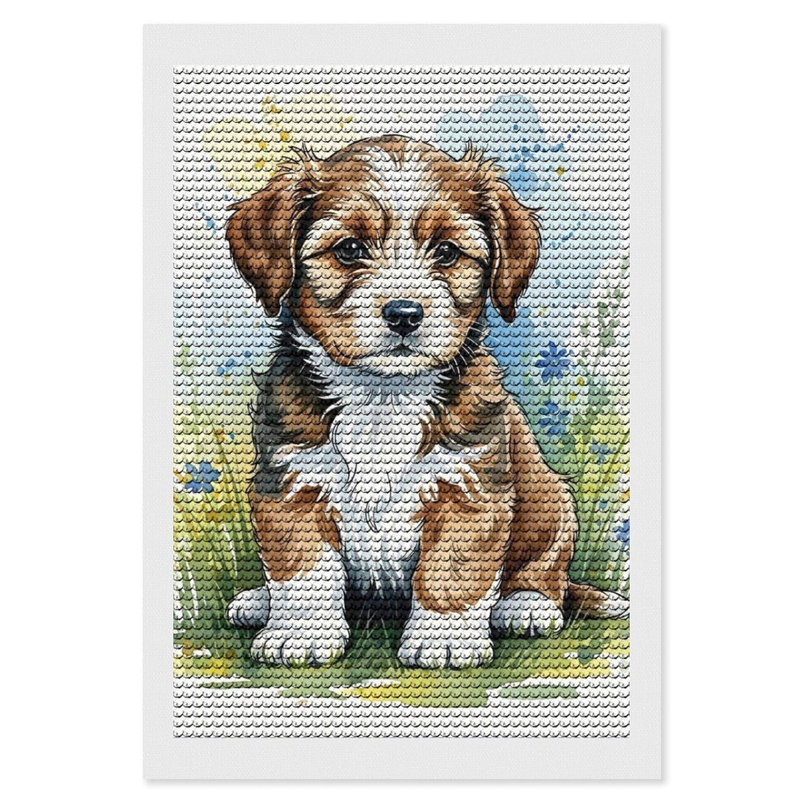 Junmoney Watercolor Puppy in A Field Diamond Painting Kit 8"x12", Adhesive Canvas, Home Wall Decor, for Beginners, Birthday Gift, Full Kit Included