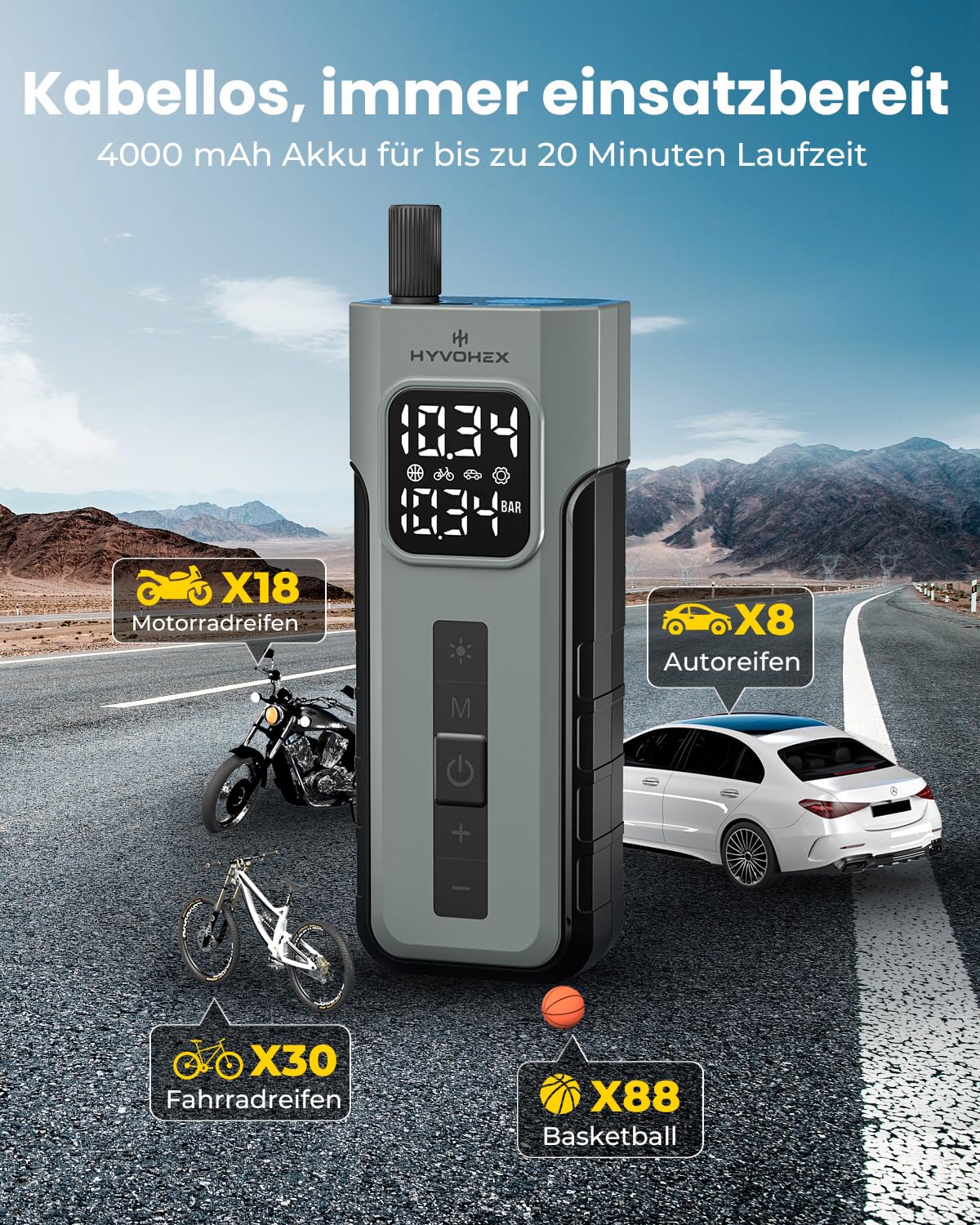 HYVOHEX Elektrische Luftpumpe,Akku Kompressor,Fahrradpumpe,1 Min Schnellbefüllung Kabelloser Luftkompressor mit Digitalem Manometer LED Licht,10.34 Bar Reifenkompressor mit LED Licht für Auto,Fahrrad