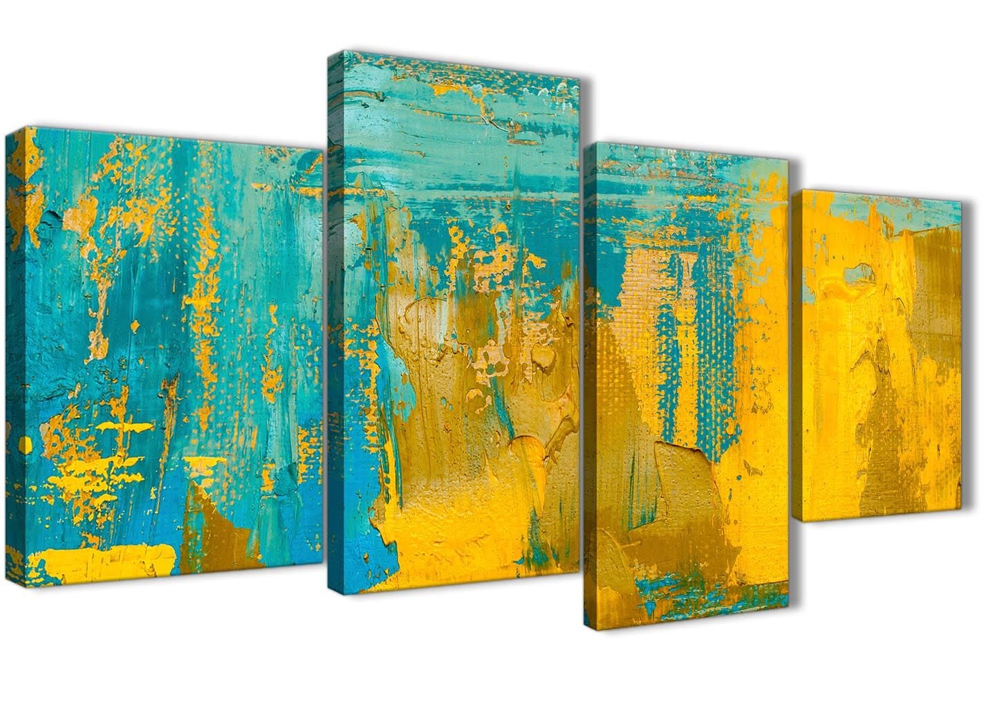 Wallfillers Large Mustard Yellow and Teal Turquoise - Abstract Bedroom Canvas Wall Art Decor - 4446-130cm Set of Prints