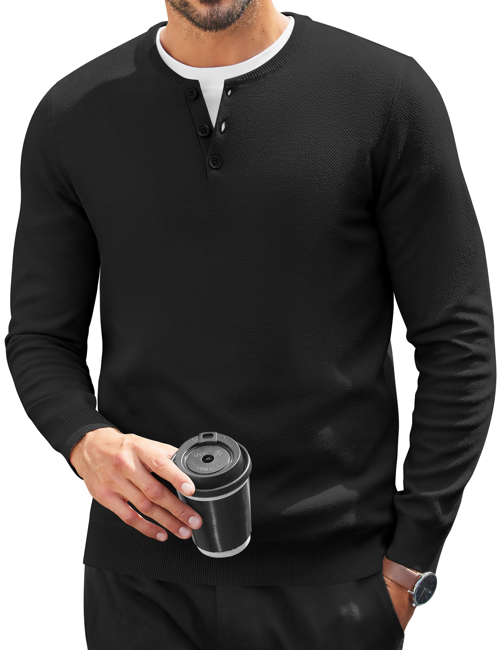 COOFANDY Herren Henley Pullover Knopfleiste Strickpullover für Herren Langarm Winter Arbeitspullover Männer Einfarbig Pulli Basic Sweater Regualr Fit