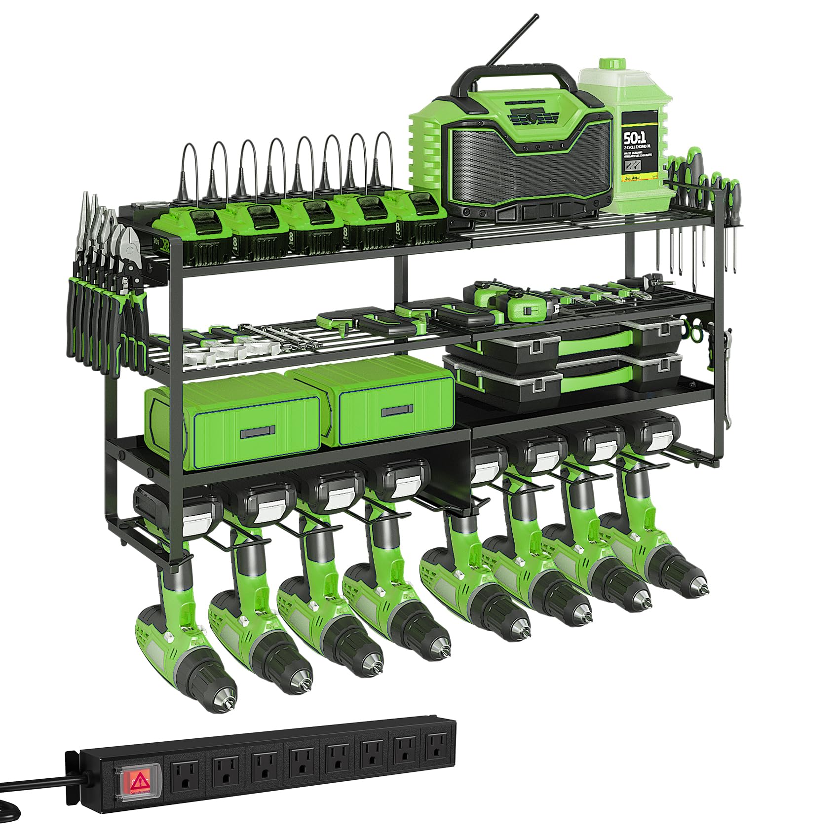 Max Loads 400lbs Power Tool Organizer Wall Mount, 4 Layer Garage Organization with 8 Cordless Drill Holder?Heavy Duty Metal Tool Storage Rack with 8 Outlet Power Strip for Room, Workshop