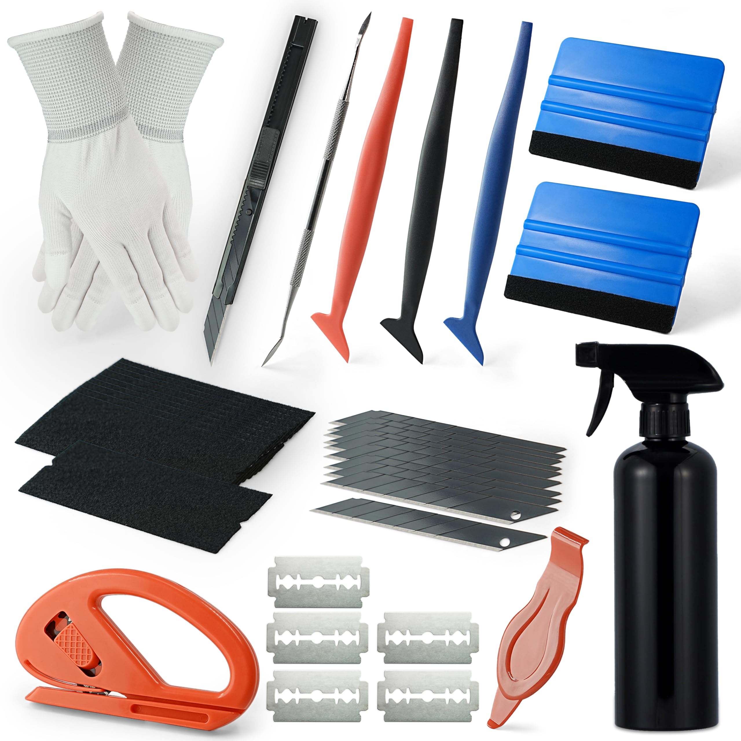 36 Piece Vinyl Wrap Tool Kit for Car Wrap, Window Tint and Wallpaper, Film Applicator Set with Felt Squeegee, Edge Tuck Tools, Spray Bottle, Gloves, Scraper and Replacement Inserts