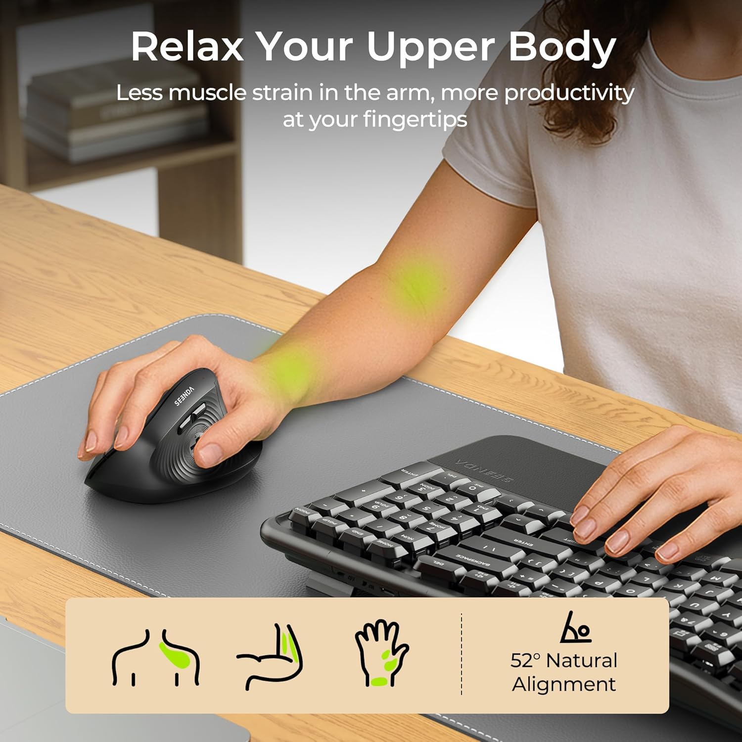 seenda Ergonomic Mouse Wireless, MOU200 Bluetooth Vertical Mouse - 3 Multi-Device Connectivity,1000/1600 /2400 DPI, Ergo Optical Mice for Windows, Mac OS, Computer/PC/Laptop, Black