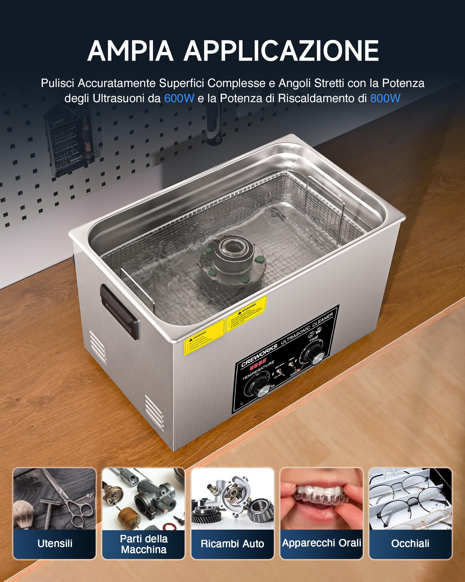 CREWORKS 30L Vasca Ultrasuoni in Acciaio Inossidabile con Riscaldatore e Timer 600W Pulitore Ultrasuoni Industriale con Modalità Degas e Delicata per Casa Laboratorio Utensili