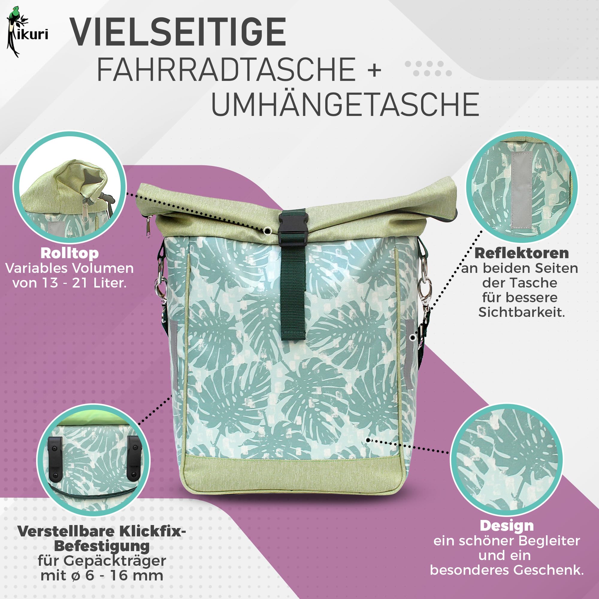 IKURI Fahrradtasche für Gepäckträger Satteltasche Monstera
