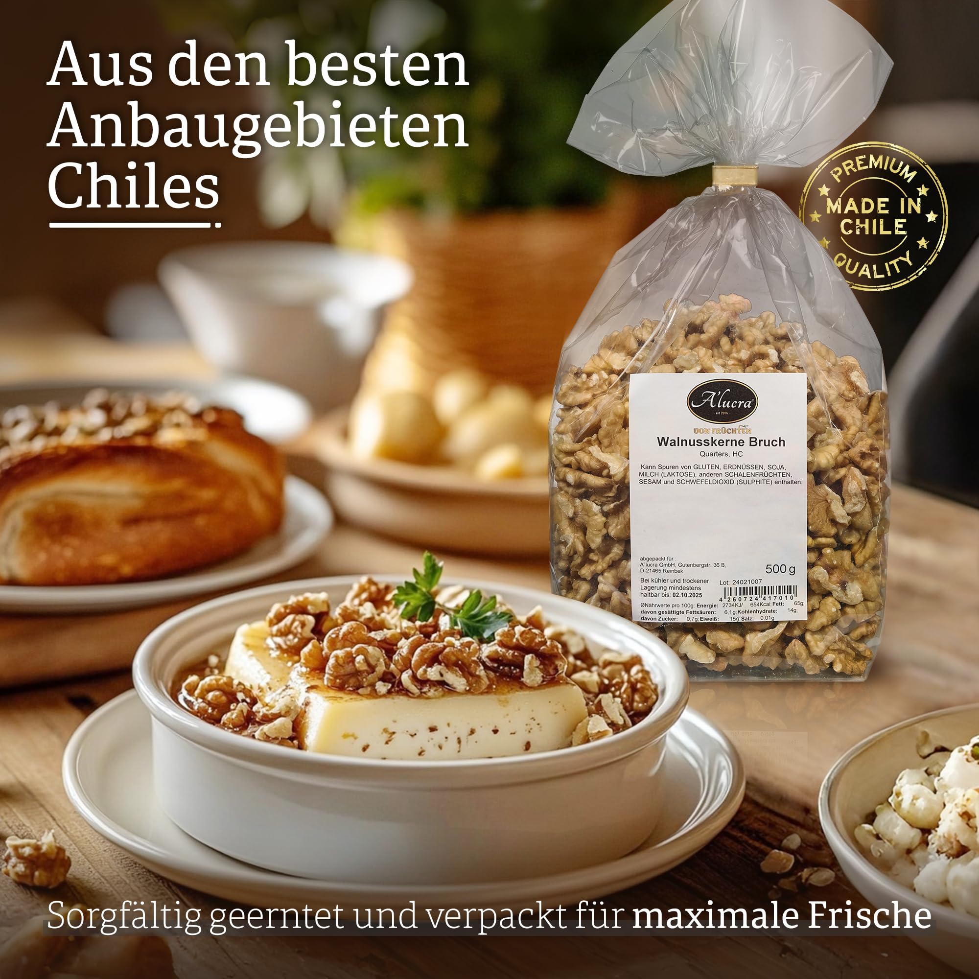 Alucra Wallnüsse naturbelassen - Walnusskerne extra hell - Handgeknackt aus Chile - Walnussbruch reich an Omega-3 - Walnüsse geschält ohne Zusätze - 500g Packung