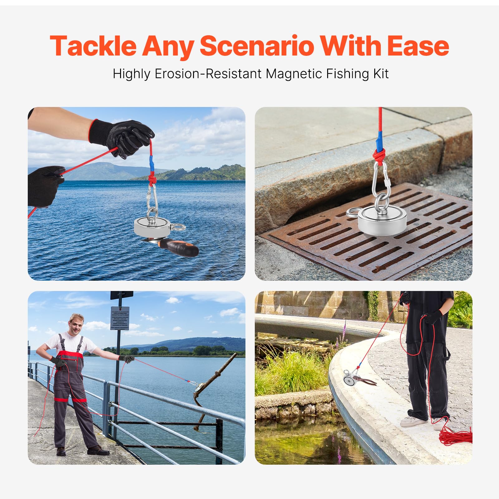 VEVOR Aimant de Pêche à Double Face Force de Traction Puissante de 771 kg, Kit de Pêche Magnétique en Néodyme Terre Rare, avec Grappin, Corde, Gants, et Boulon à Œil, pour la Récupération en Rivière