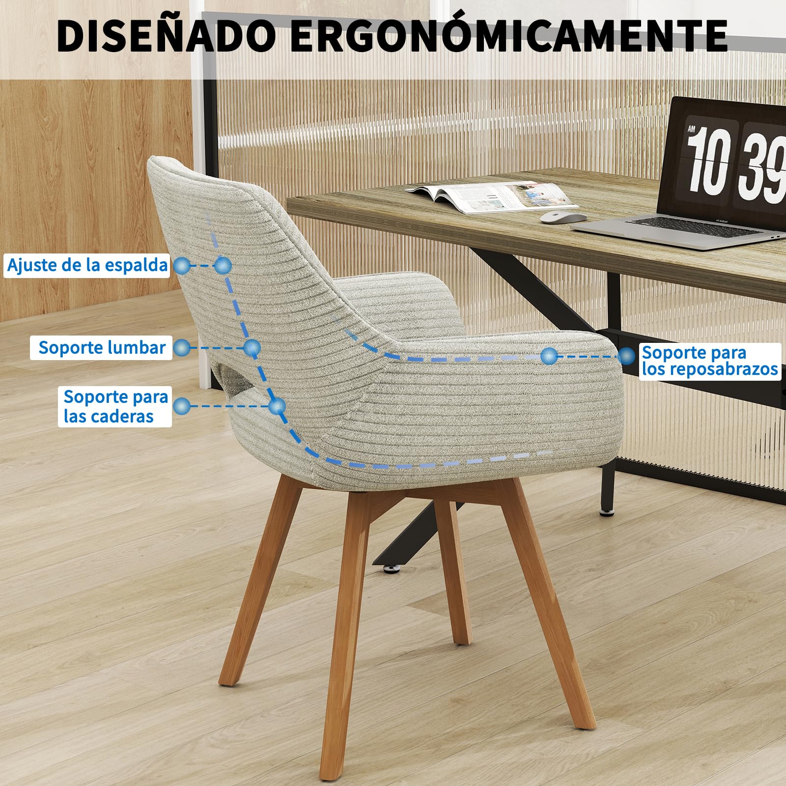 JIJIAN Juego de 2 Sillas de Comedor Giratorias 360°, Beige | Silla de Cocina con Reposabrazos, Patas de Madera, Silla Tapizada Moderna de Terciopelo de Canalé para Cocina, Comedor, Salón