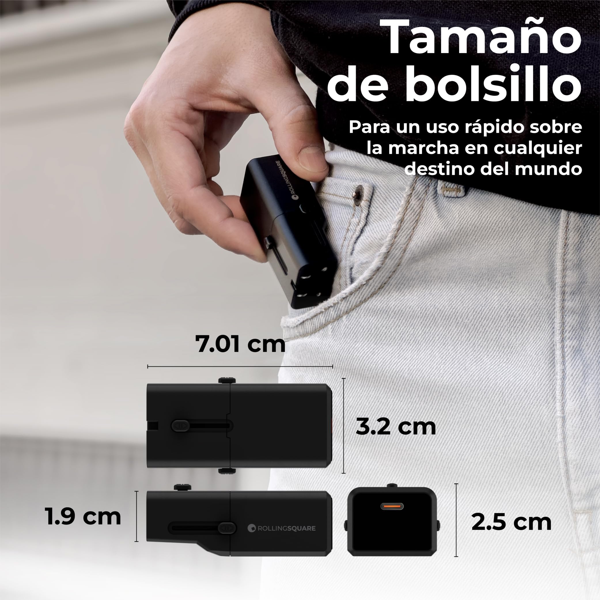 Rolling Square Portable Pocket Travel Adapter - Adaptador de Viaje de Bolsillo Portátil, Cargador USB-C Universal para 200+ Países US, EU, UK, AU, Carga Rápida 30W para Smartphones, Compacto, Negro