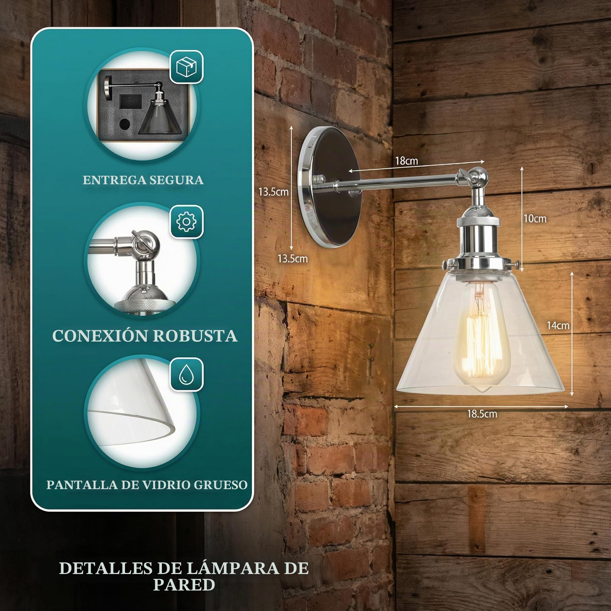 Aplique de Pared Industrial, Lámpara de Pared de Vidrio Vintage E27 para Baño, Dormitorio, Pasillo, Café y Estudio, Iluminación para Lectura Oficina & Casa (Plata Moderna, B)