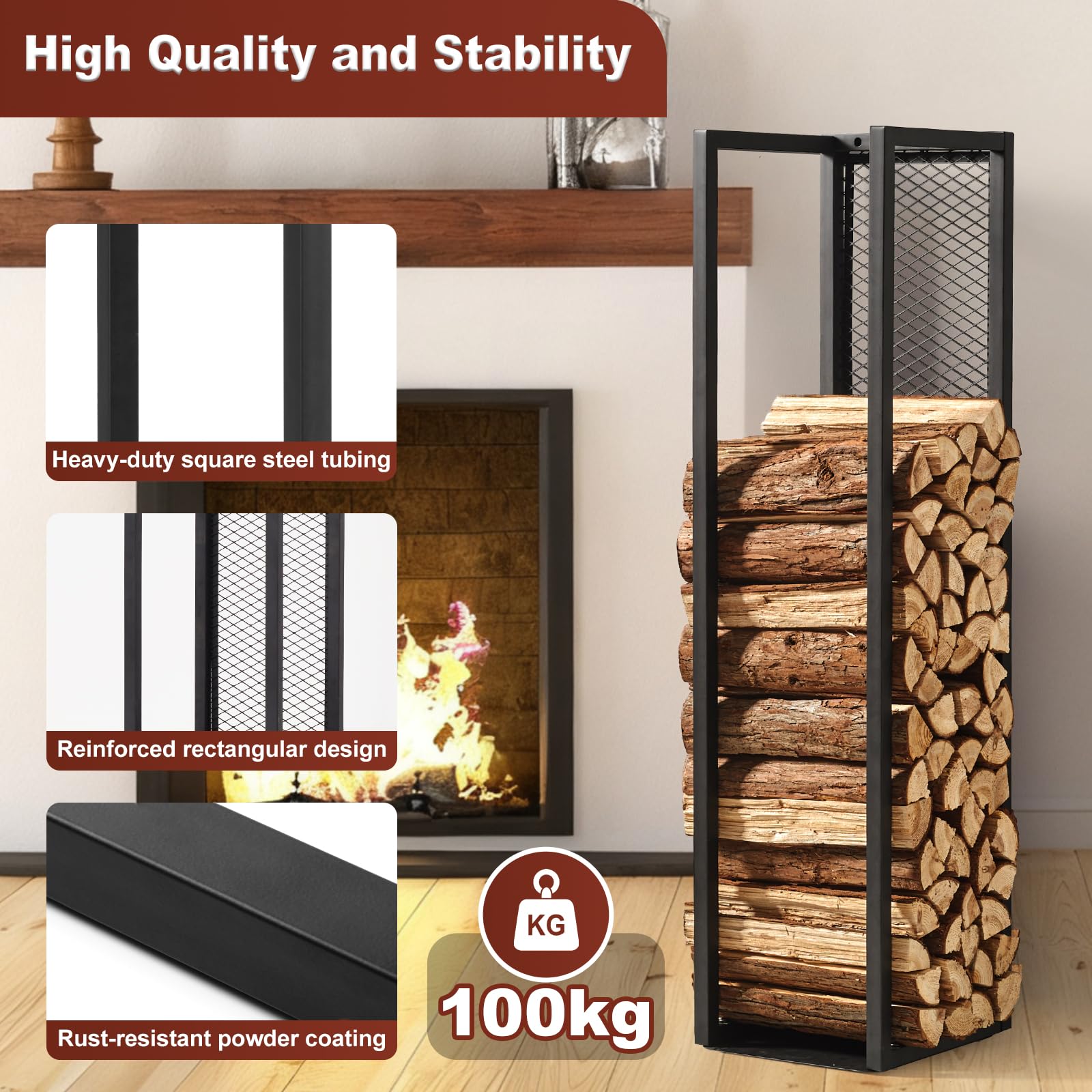 Metall Kaminholzregal Innen mit Rückwand, Wand Brennholzregal Innen 100 cm Kaminholzständer Feuerholzregal Schwarz für Kaminholz Brennholz, Kaminholzhalter Kaminholzlager innen & außen