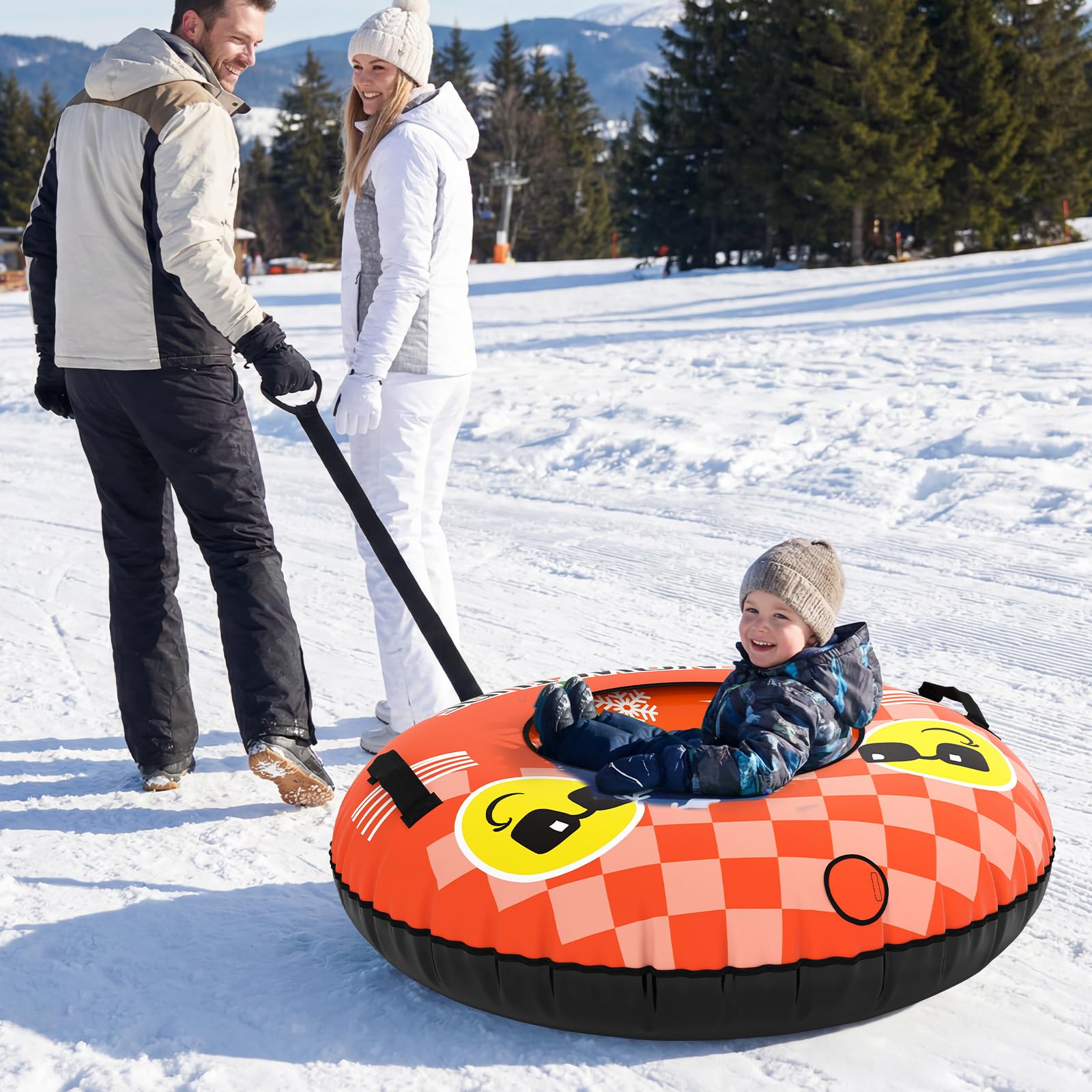 COSTWAY Aufblasbarer Schneereifen mit Schleppleine, 107 cm Snowtube, aufblasbarer Schlitten mit Griffen, Rodelreifen für Kinder und Erwachsene (Orange)