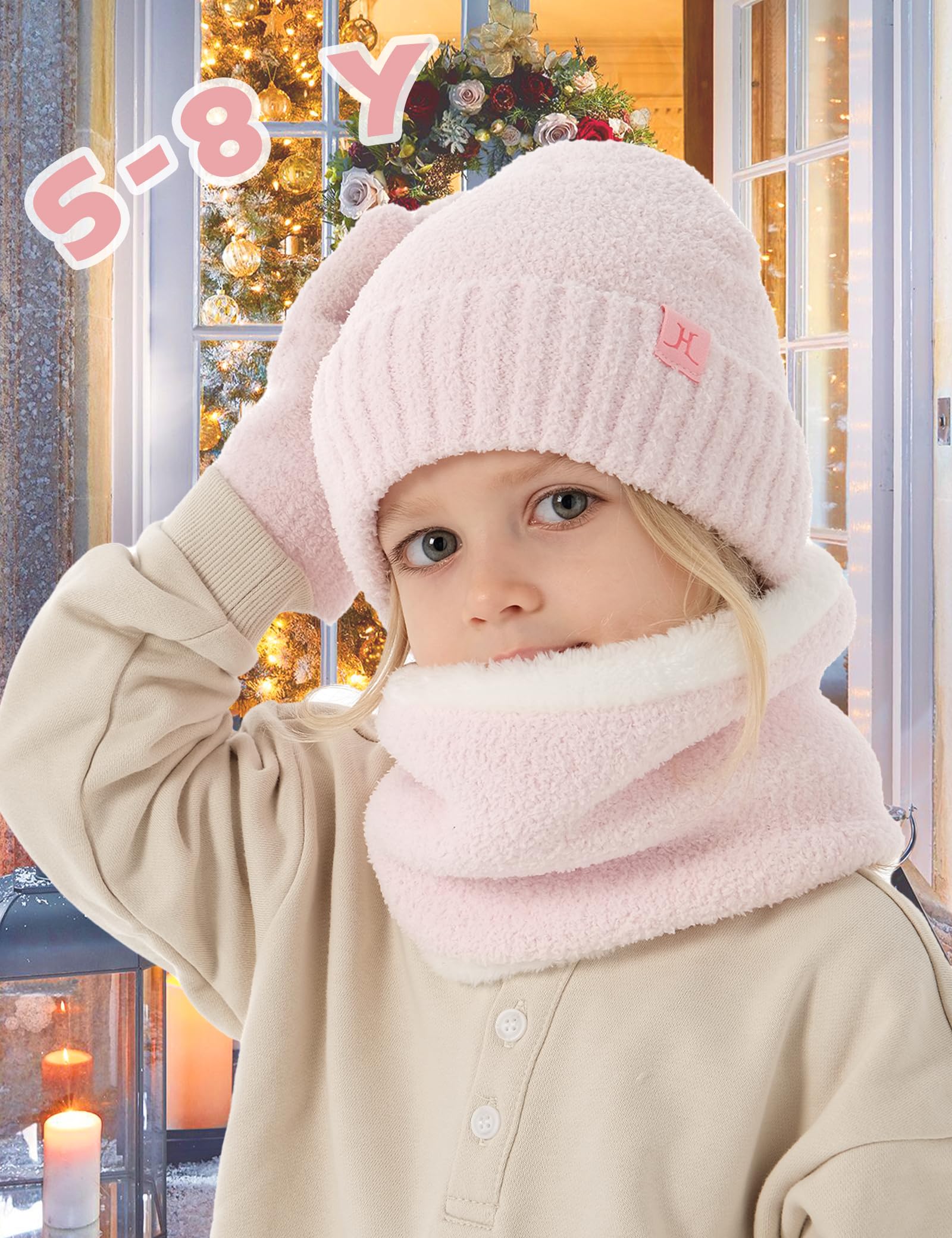 Conjunto de gorro y guantes para niños y niñas, gorro de invierno, calentador de cuello, guantes y manoplas con forro polar para 6-8, 4t, 5t, 4-8