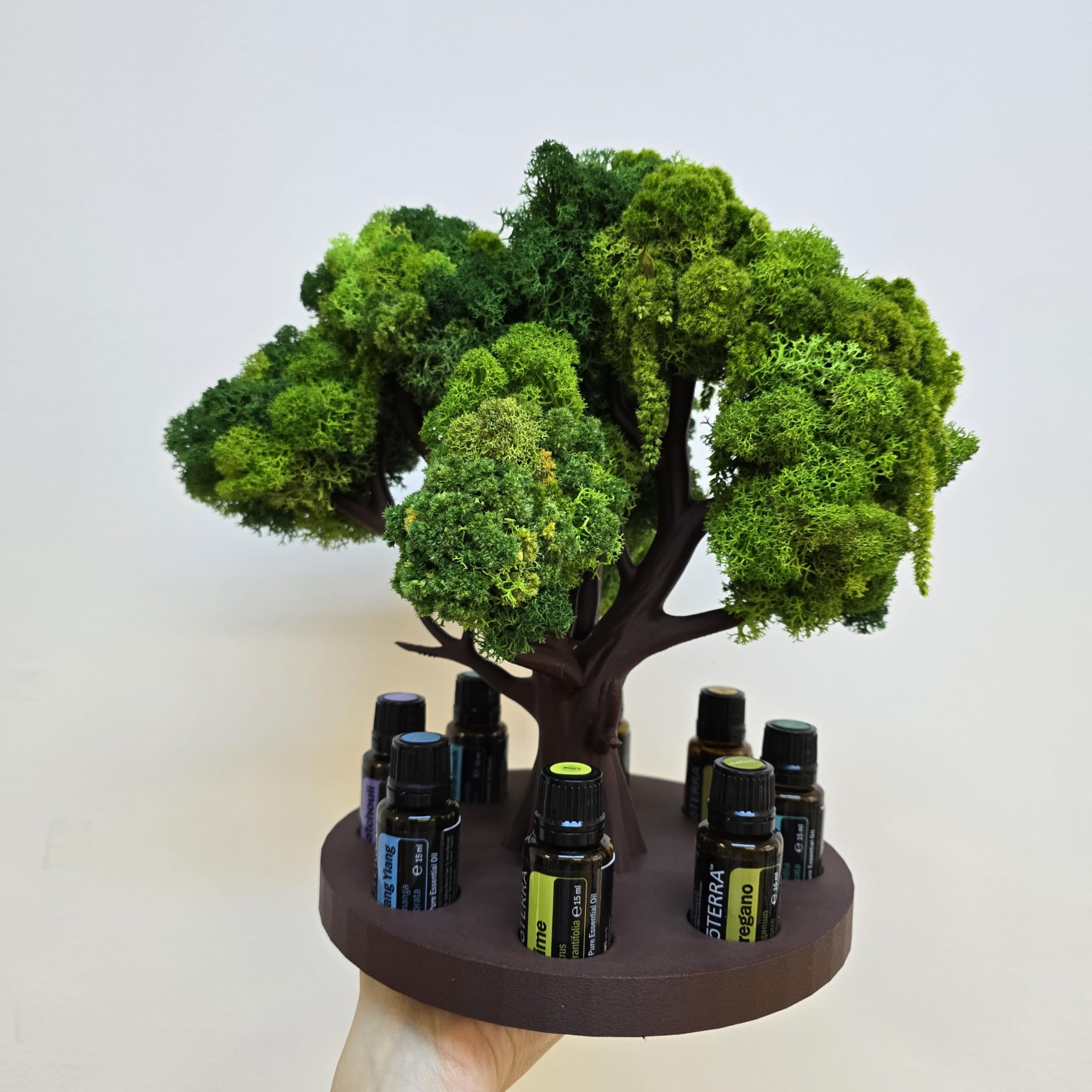 Ölständer Baum-Design | 8er Organizer für 15 ml Fläschchen Ø22 mm (für doTERRA & andere Marken) | Premium skandinavisches Rentiermoos | Handgefertigt