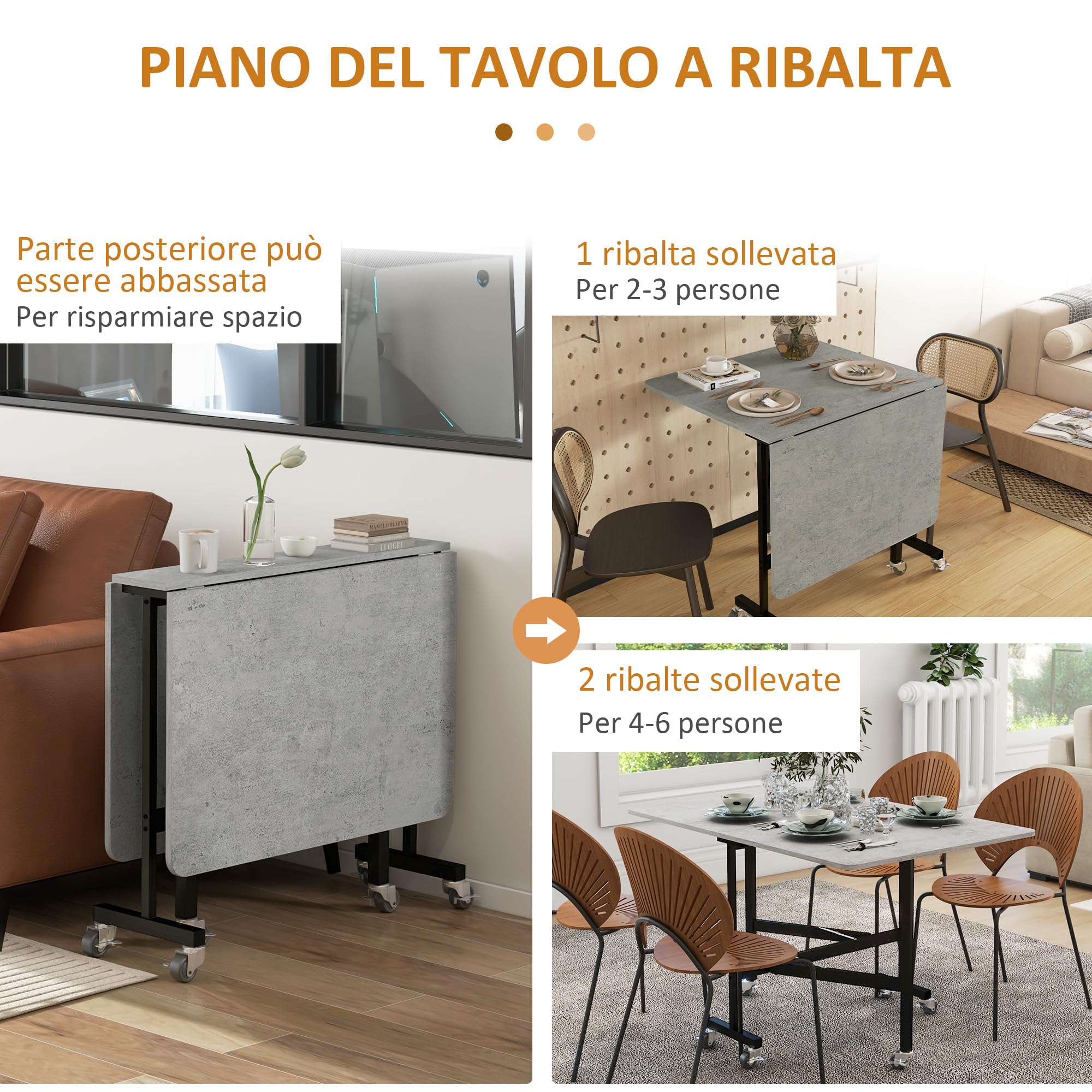 Tavolo Da Pranzo Pieghevole HOMCOM 120x80cm - Con Ribalte E Ruote, Per 4-6 Persone, In MDF Grigio E Acciaio - Foto 4