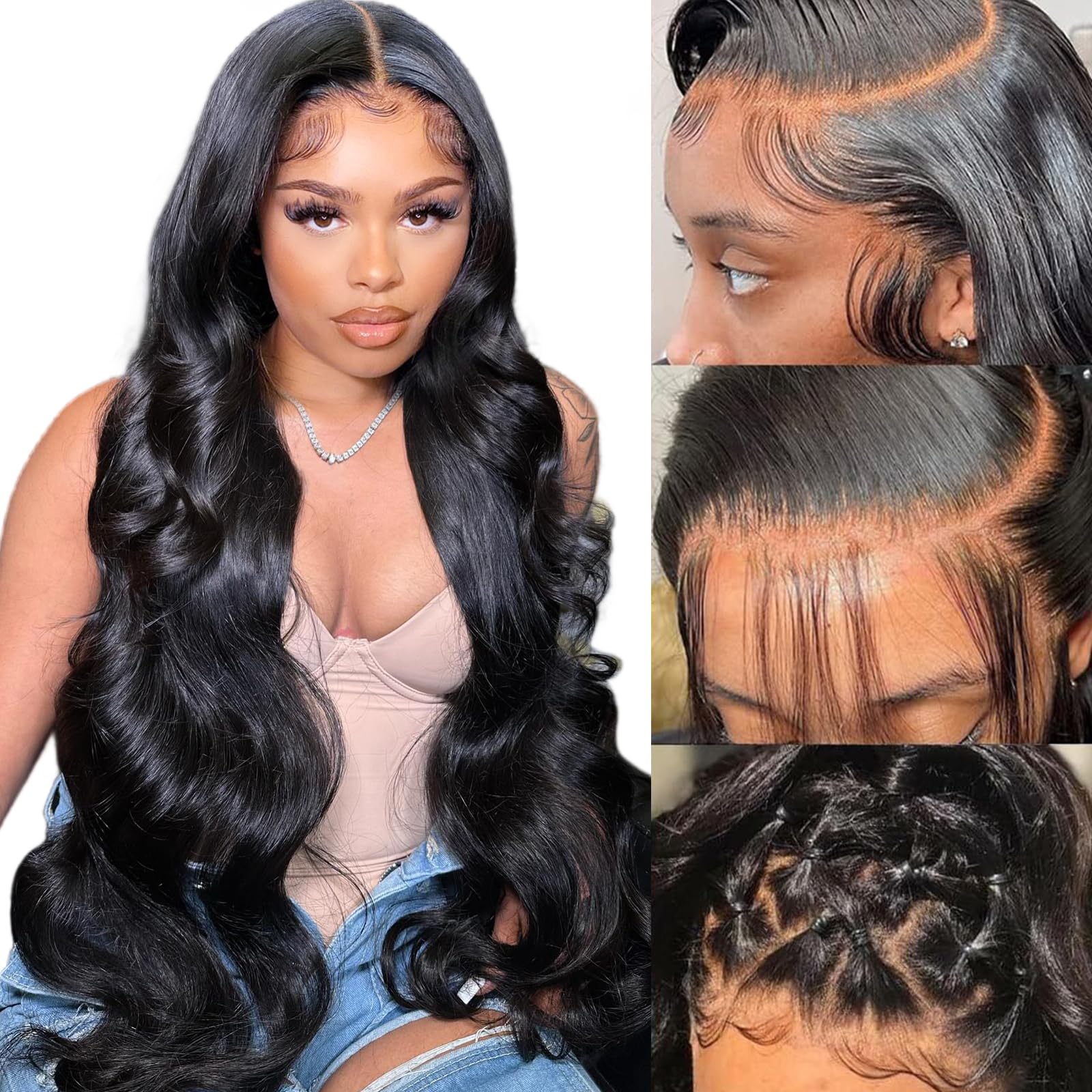 Junemet 28 Inch 200% Density 13x4 HD Lace Front Wigs Human Hair Wig Body Wave Human Hair Wigs Glueless Real Brazilian Virgin Human Hair Lace Frontal Wigs Pre Plucked for Women