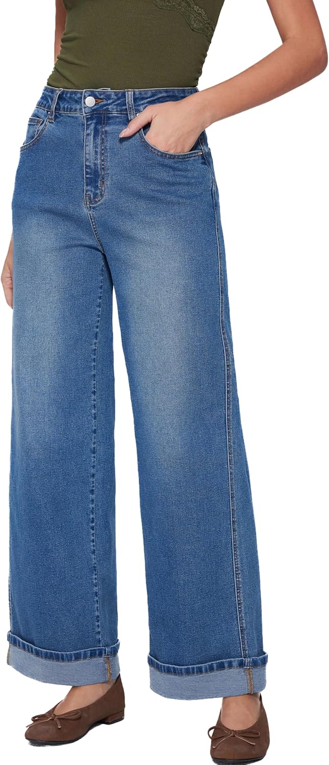Vinova Womens Wide Leg Baggy Jeans Stretchy Folded Hem Cuffed Boyfriend Denim Pants Trendy Straight Leg Trouser Jeans