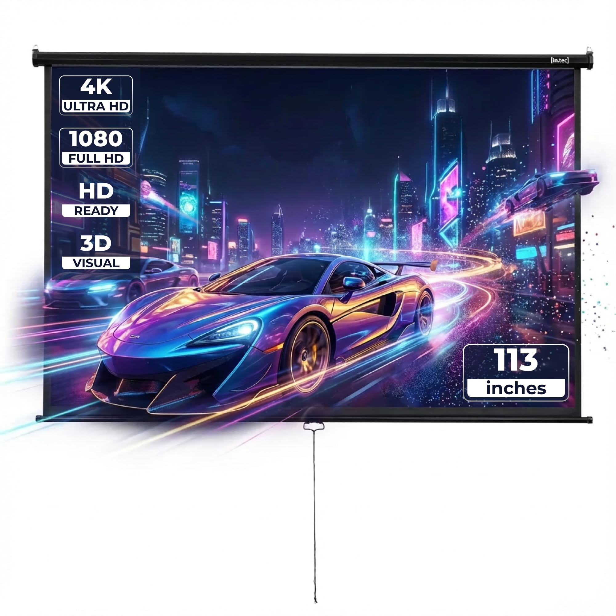 in.tec Projektionsleinwand HD 3D Beamer 113 Zoll Rollo-Leinwand selbstaufrollend 203 x 203 cm Wandmontage Deckenmontage alle Formate für Heimkino Büro Seminare