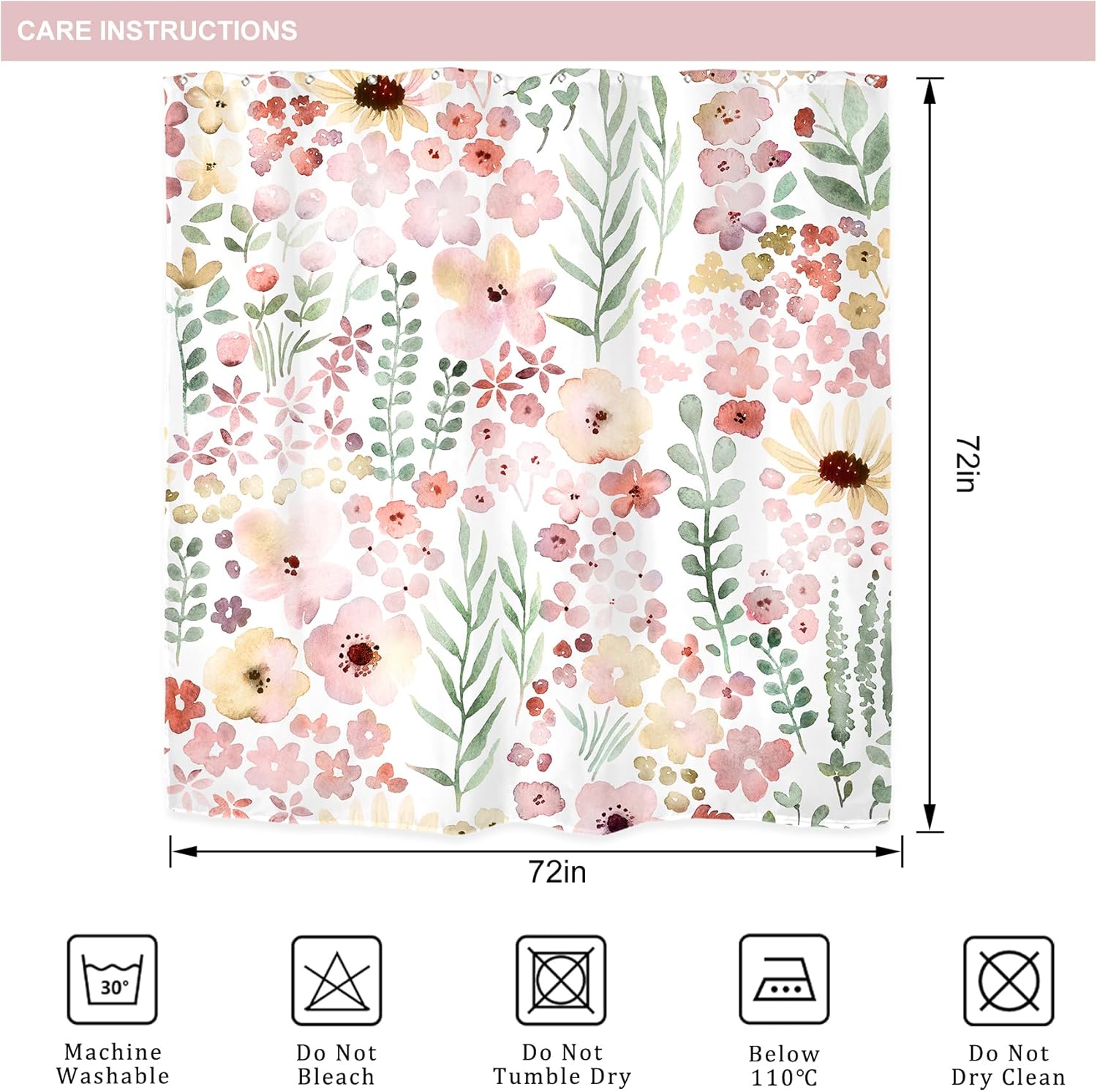 Riyidecor Cute Pink Green Floral Shower Curtain for Bathroom Decor 72Wx72H Spring Boho Kids Girls Girly Watercolor Wildflower Leaves Art Printed Fabric Polyester Waterproof 12 Pack Plastic Hooks