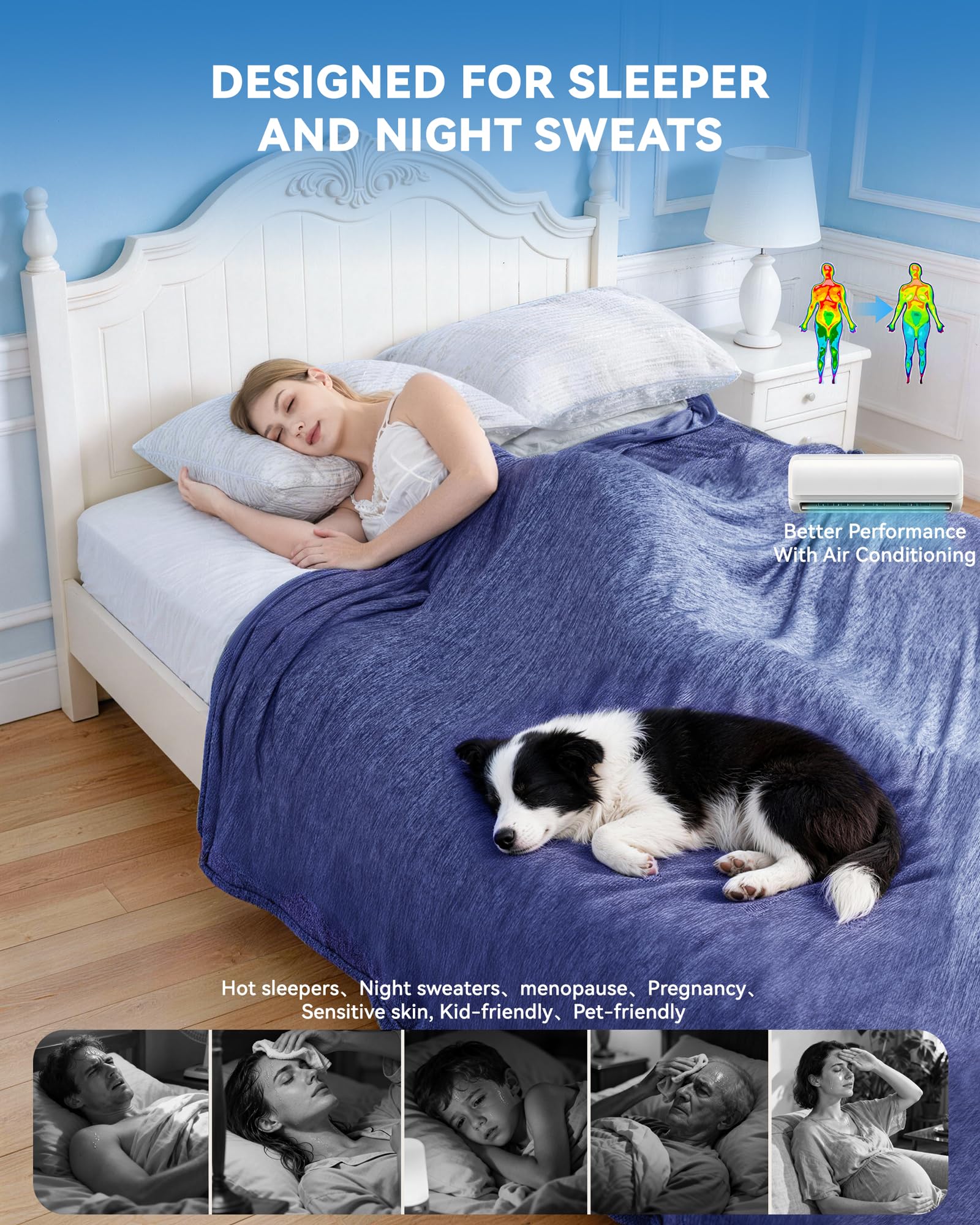 Kühldecke Bett Sommerdecke 220x240CM Doppelseitig Kühlende Sommer Decke für Menschen, Selbstkühlende Ice Kühlend Decken zum Schlafen Atmungsaktiv Leicht für Bett Cooling Blanket Blau