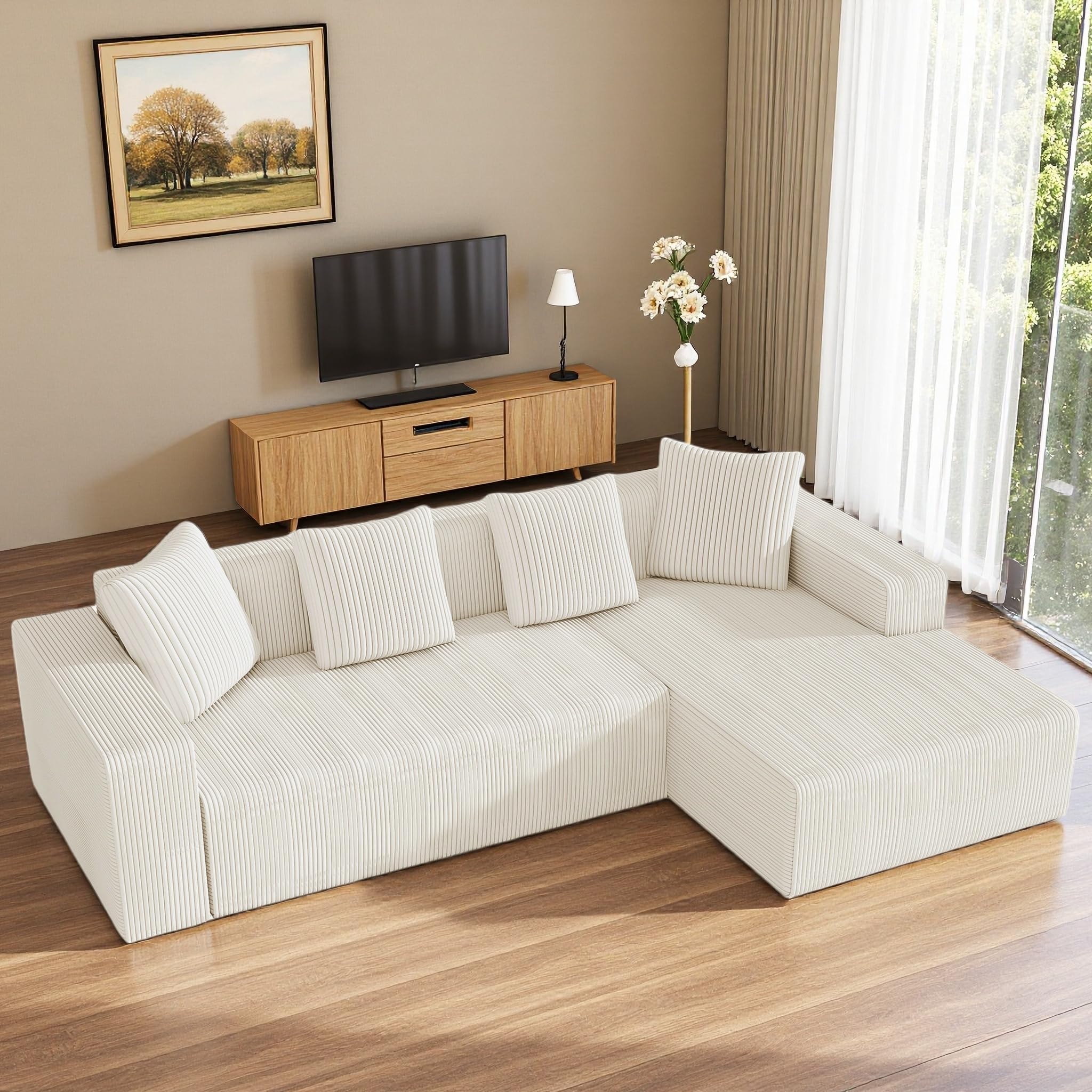 Canapé-lit Sectionnel Réversible 3 Places Avec Chaise De Rangement Et Porte-gobelets, Canapé D'angle Convertible En Forme De L Rembourré En Velours Côtelé Pour Salon, Bureau