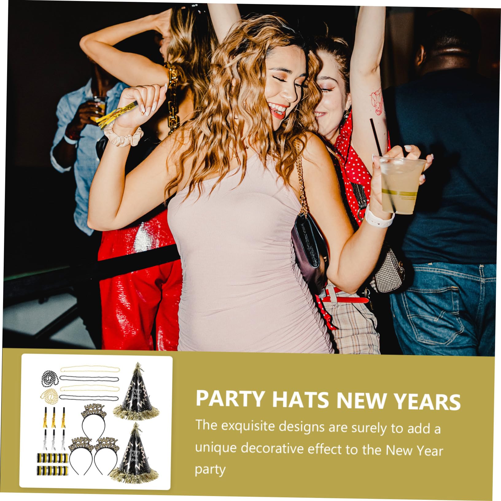 Alipis Kit de Decoración para Fiesta de Año Conjunto de Sombreros Cónicos Diademas Collares de Cuentas y Sopladores Accesorios Festivos Negro y Dorado para Celebraciones Interiores y