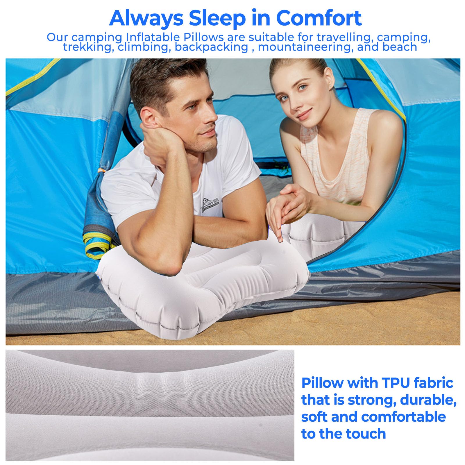 2X Almohadas Hinchables de Playa Ultraligera 73g, Almohada para Camping TPU, Cómodo y Portátil Almohada de Viaje Inflable (Gris)