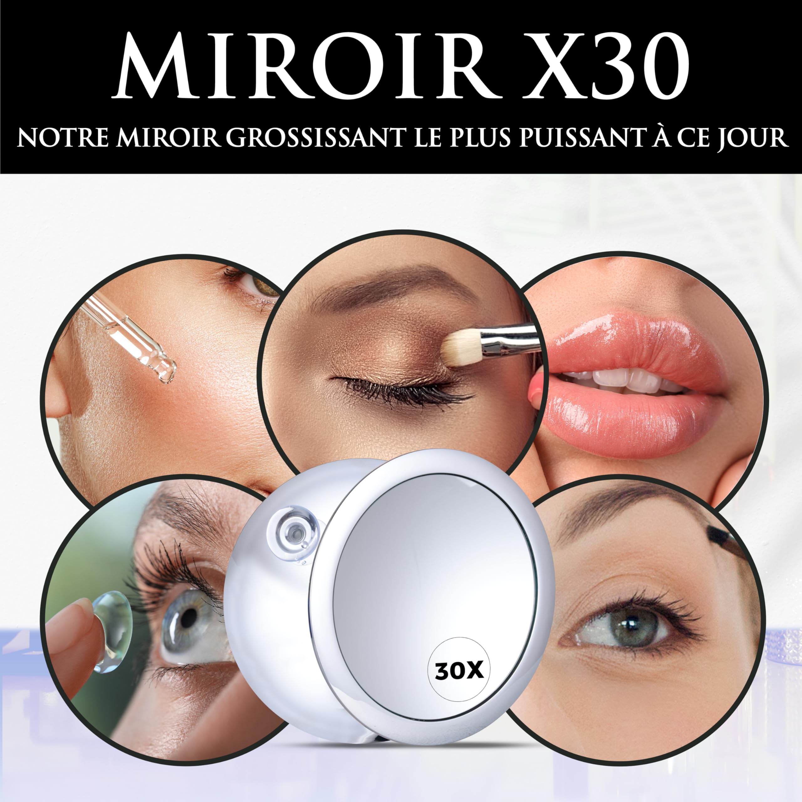 Miroir Grossissant X30 Avec Ventouse - Miroir Salle De Bain Maquillage Précision 15 Cm, Verre HD Sans Distorsion, Chrome